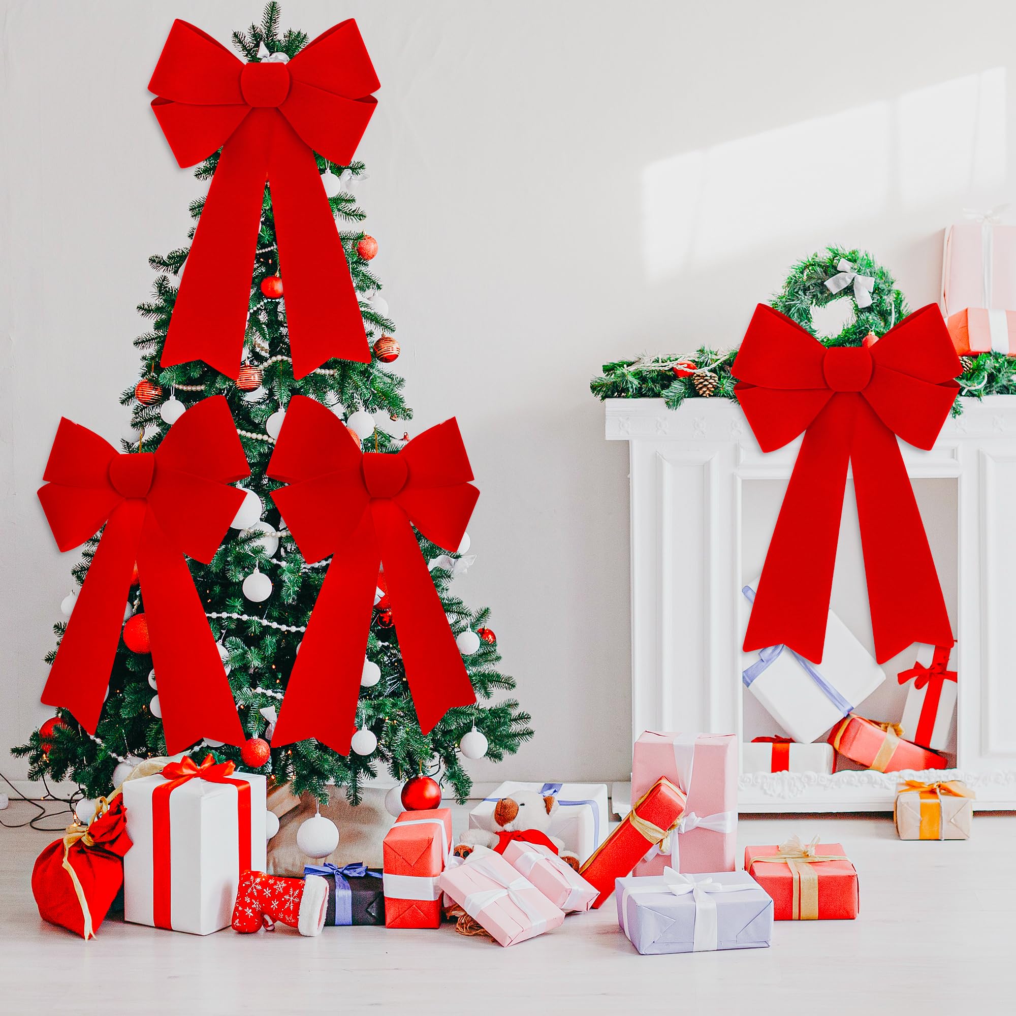 8 PCS Xmas Decorations, 12 x 18 Inch Red Christmas Bows, Red Velvet PVC Large Hanging Red Christmas Bows for Outside Indoor Xmas