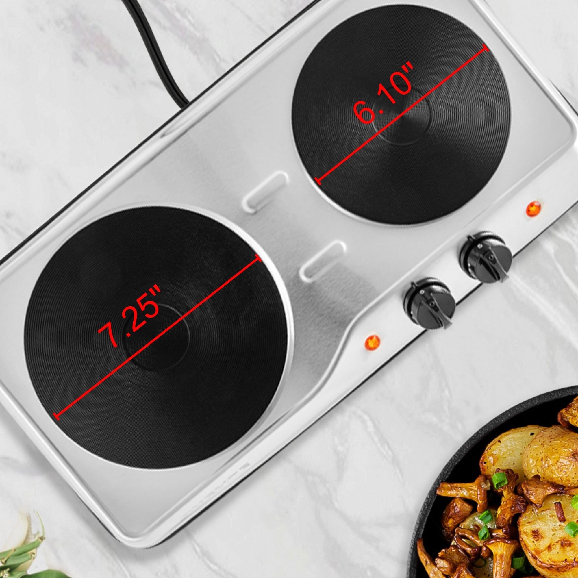 Ovente Electric Countertop Double Burner, 1700W Cooktop With 7.25 And 6.10 Cast Iron Hot Plates, Temperature Control, Portab