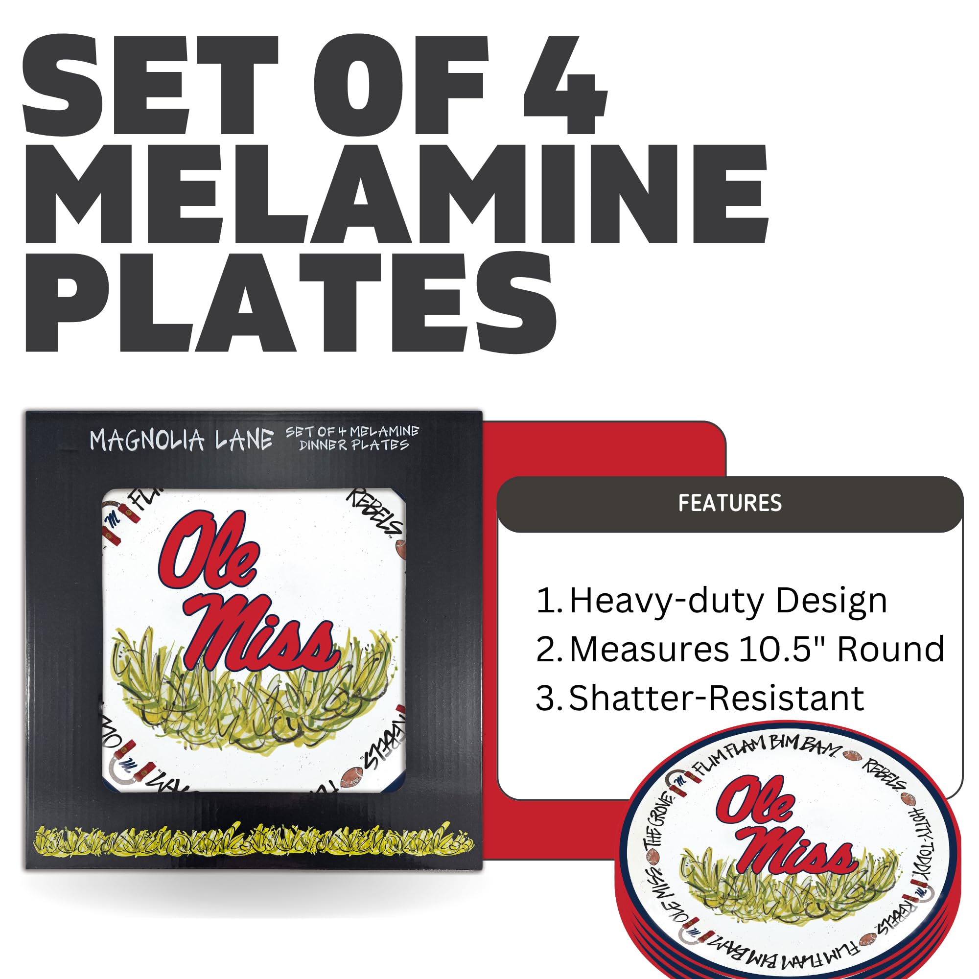Magnolia Lane Mississippi Rebels 10.5-Inch Melamine Dinner Plate Set of 4 Perfect for Game Day, BBQs, Tailgating, Poolside, Part