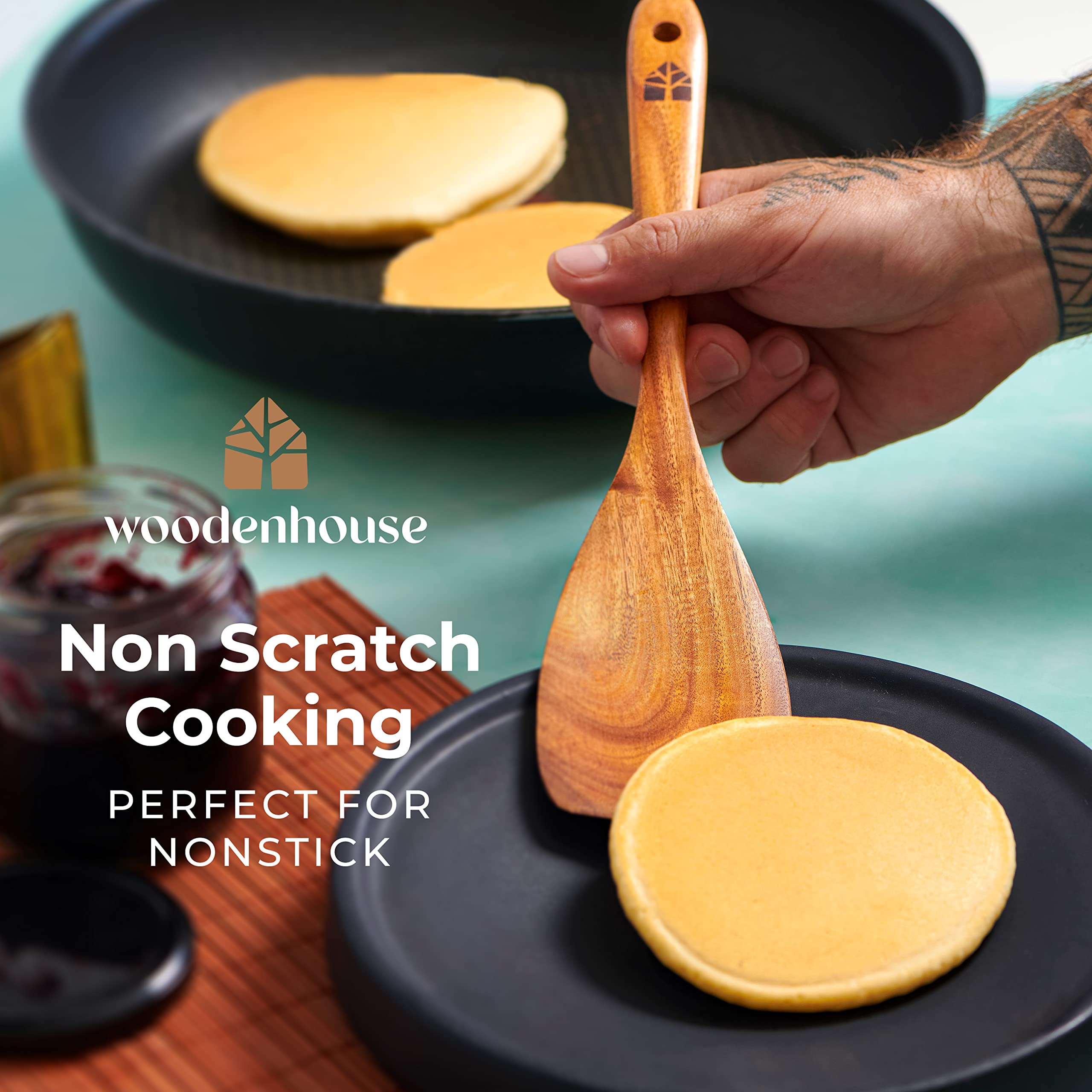 Wooden Spoons For Cooking - Wooden Cooking Utensils Set With Holder, Spoon Rest & Hooks, Teak Wood Nonstick Kitchen Cookware - D