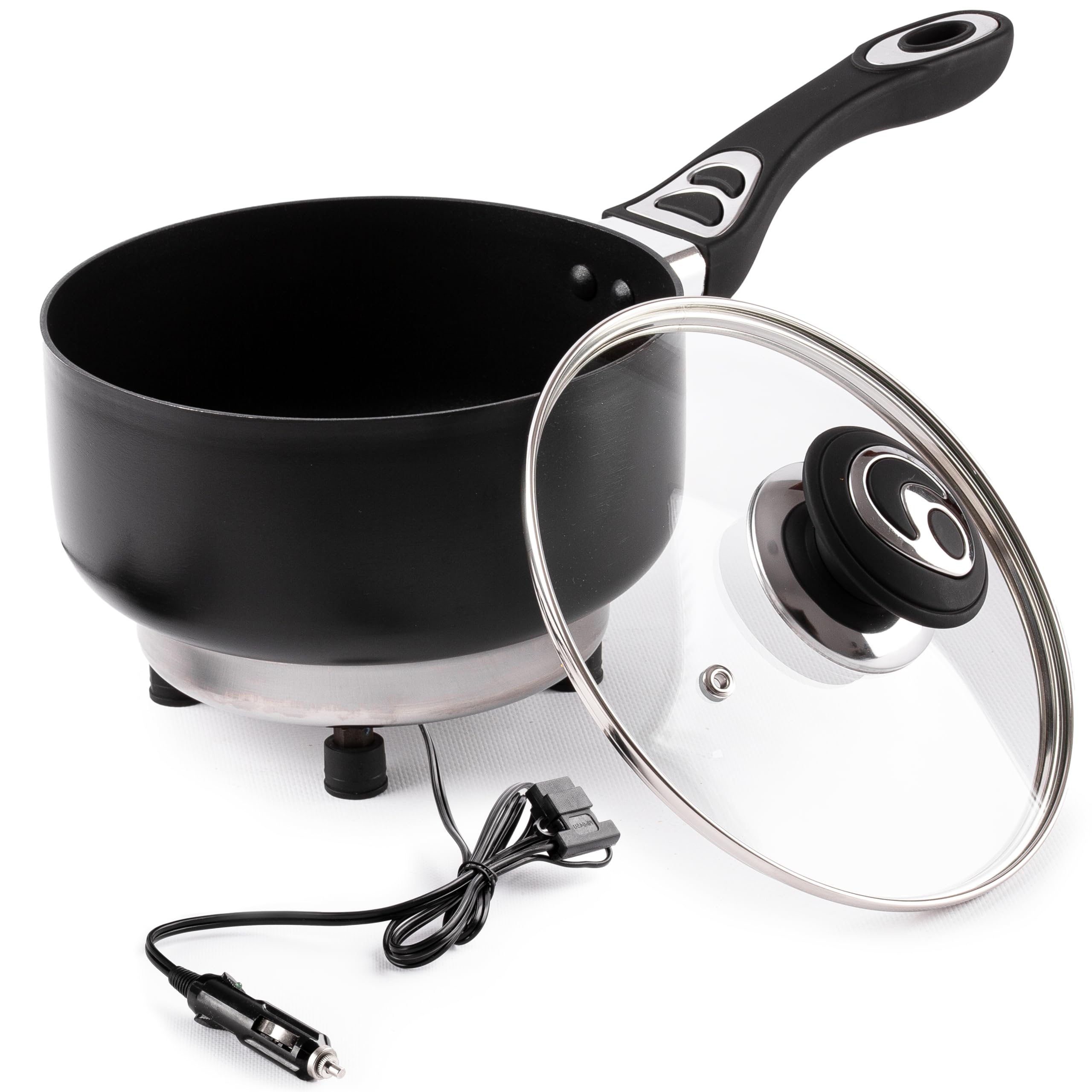 ZONETECH 12V SaucePan with Glass Lid Portable NonStick 2 Quart Pot StayCool Handles, Rapid Heat Up,Perfect For Camping, Picnic