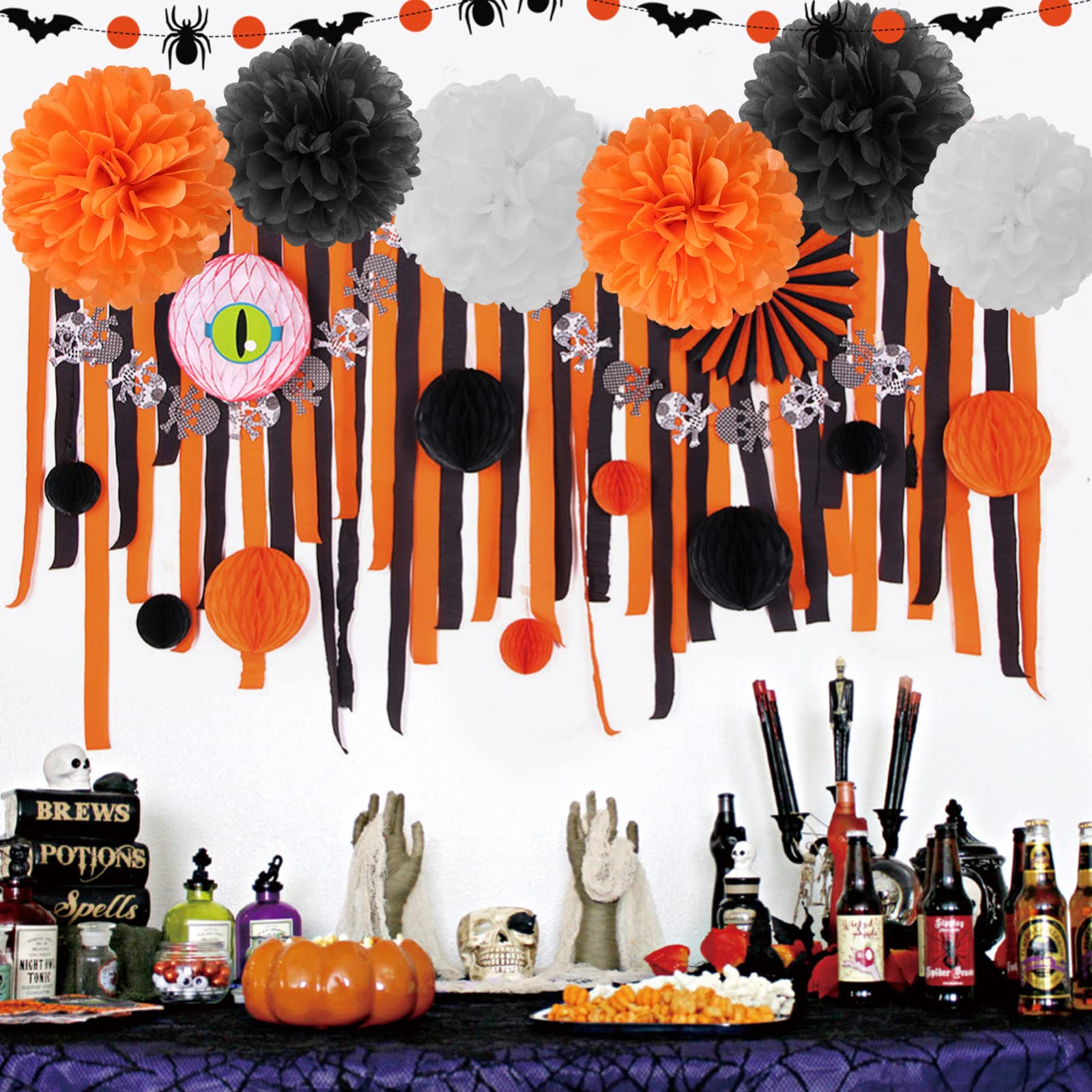 Black Orange White Halloween Party-Decorations - 8Pcs Kits Happy Halloween Banner, Tissue Flower Paper Pom Poms Streamers,Bat De