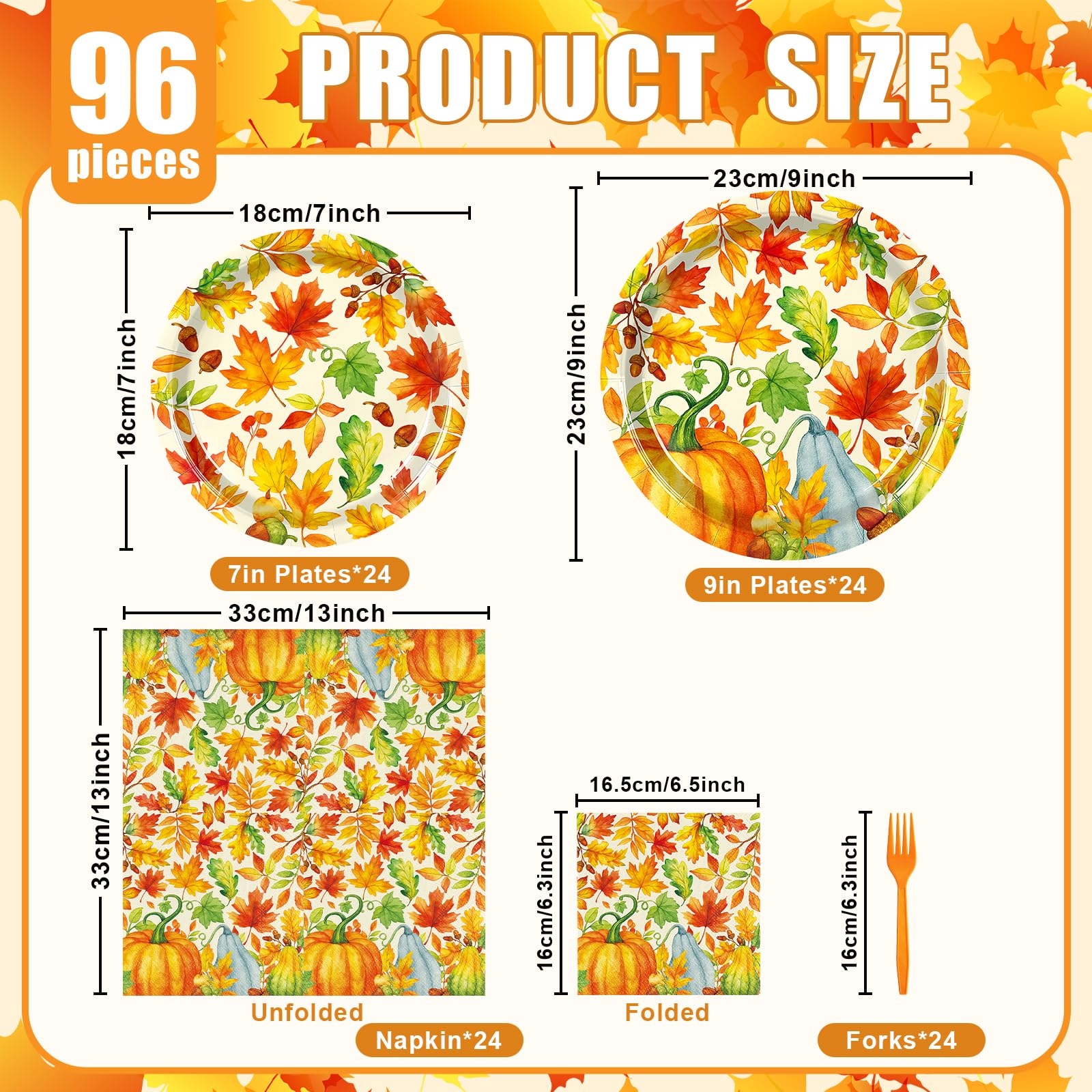 Temicle 96 Pieces Fall Thanksgiving Tableware Set - Pumpkin and Autumn Leaves Disposable Plates, Napkins, and Forks Party Suppli