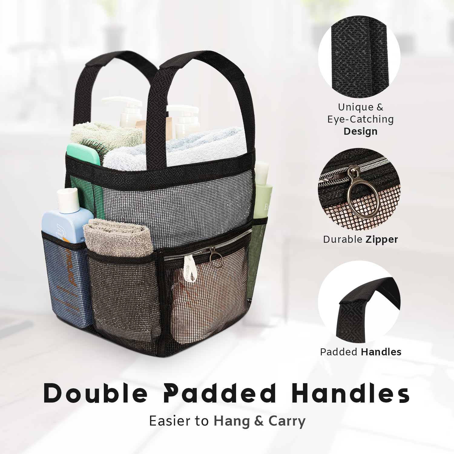 Mesh Shower Caddy Dorm 8 Pockets & 1 Zipper & Removable Bottom Shower Tote  Travel Shower Caddy Portable  Shower Caddy College Room Essentials  Sunscreen Shower Bag  Camping  Bathroom (Large - Black)