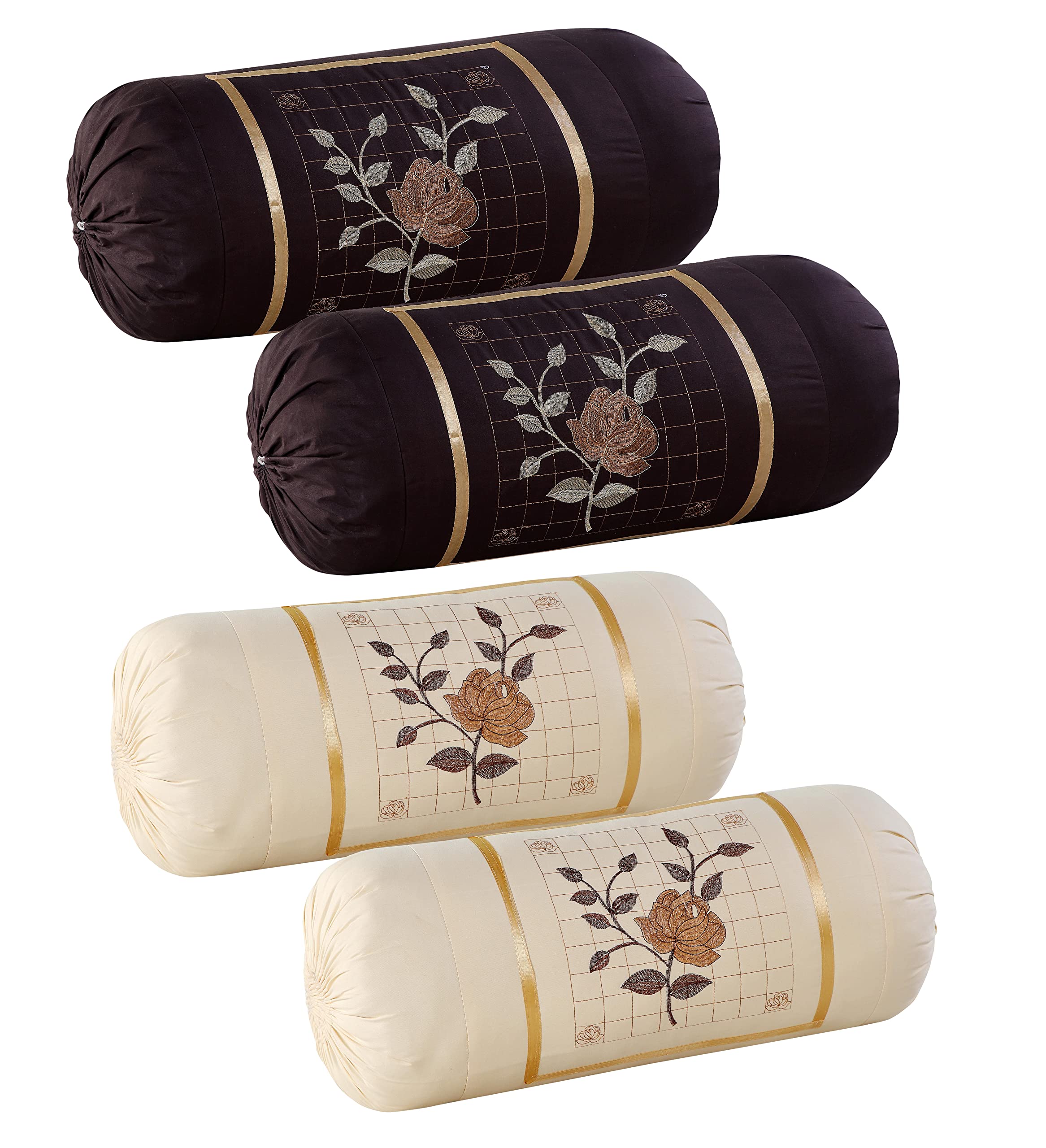 Rj Products Embroided Cotton Bolster Covers Set Of 4 Piece (Cream & Brown)