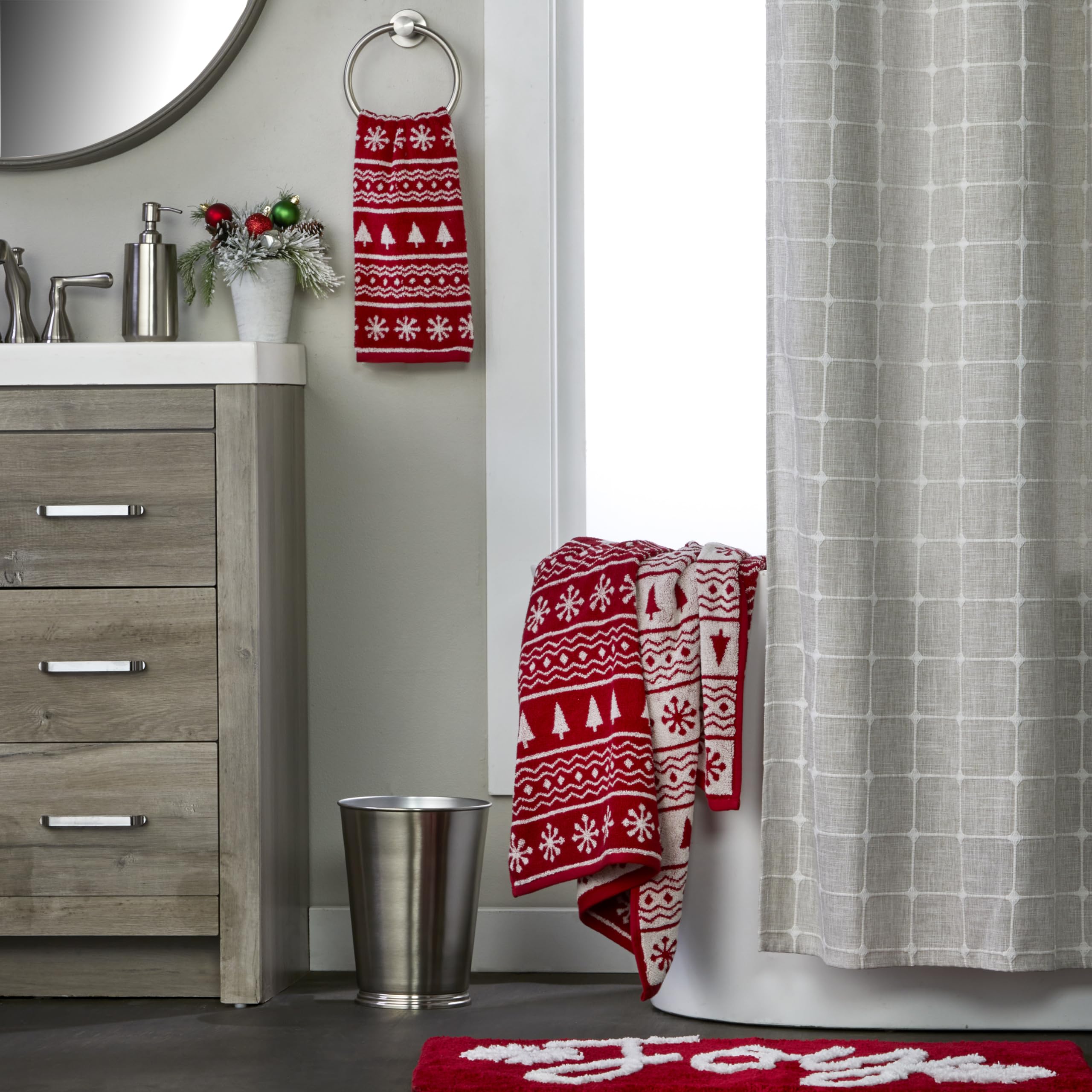 Skl Home Winter/Christmas Fair Isle Hand Towel 2Pc Set For Bath/Kitchen/Bar & Gift, Red