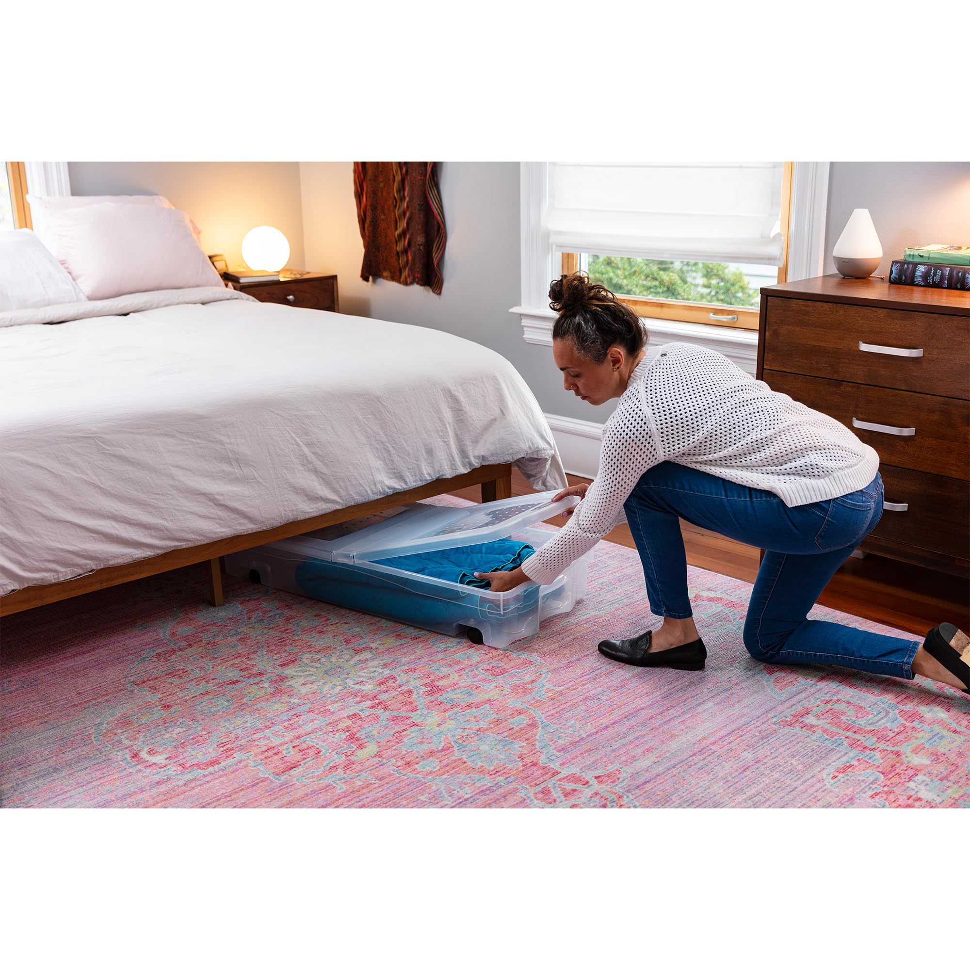 Rubbermaid Under Bed Wheeled Storage Box, 68 Qt 2-Pack, Made In Usa, Plastic Containers With Dual-Hinged Lids And Sturdy Wheels,