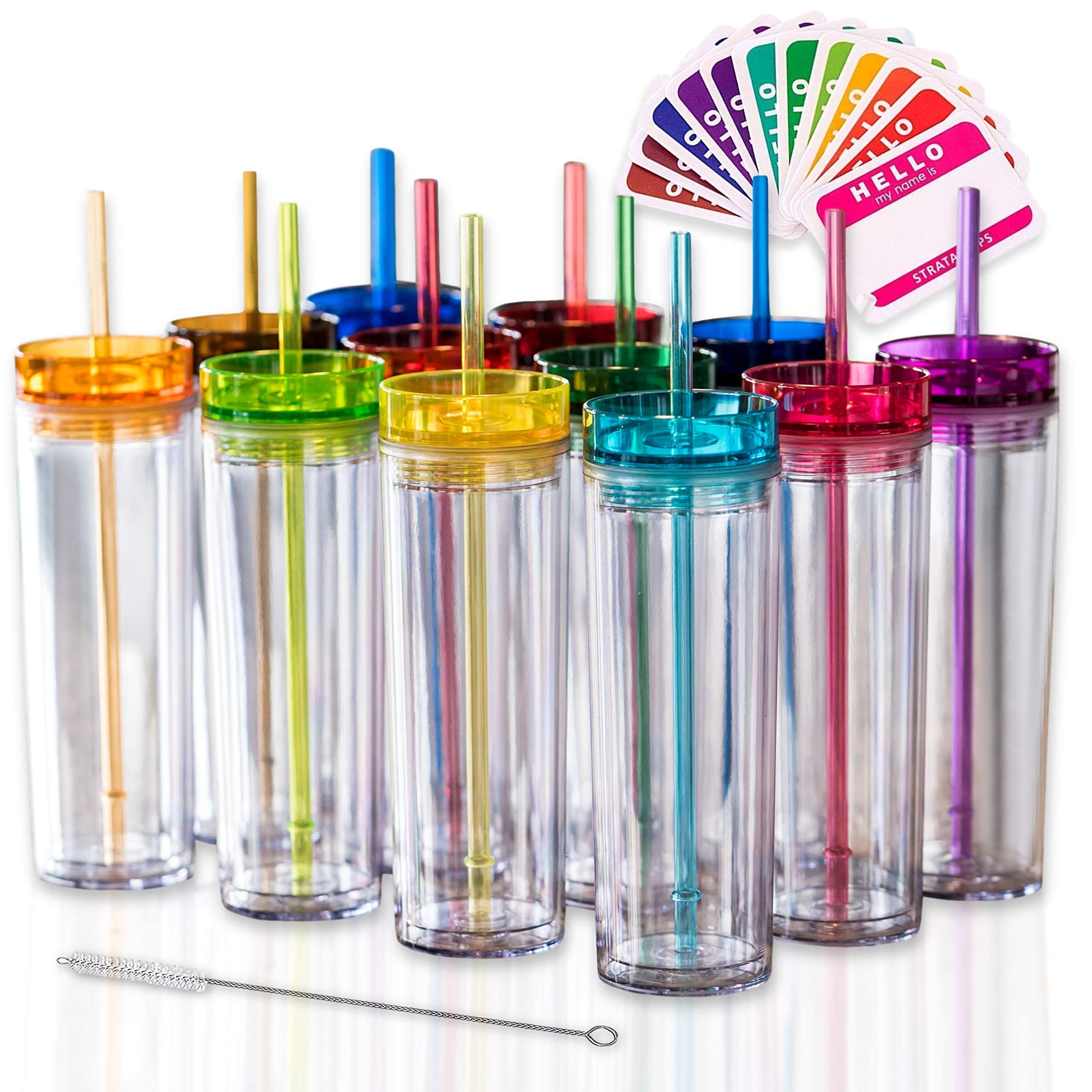 Strata Cups 12 Colored Skinny Clear Tumbler With Lids And Straws | 16Oz Double Wall Clear Acrylic Tumblers Bulk With Free Straw