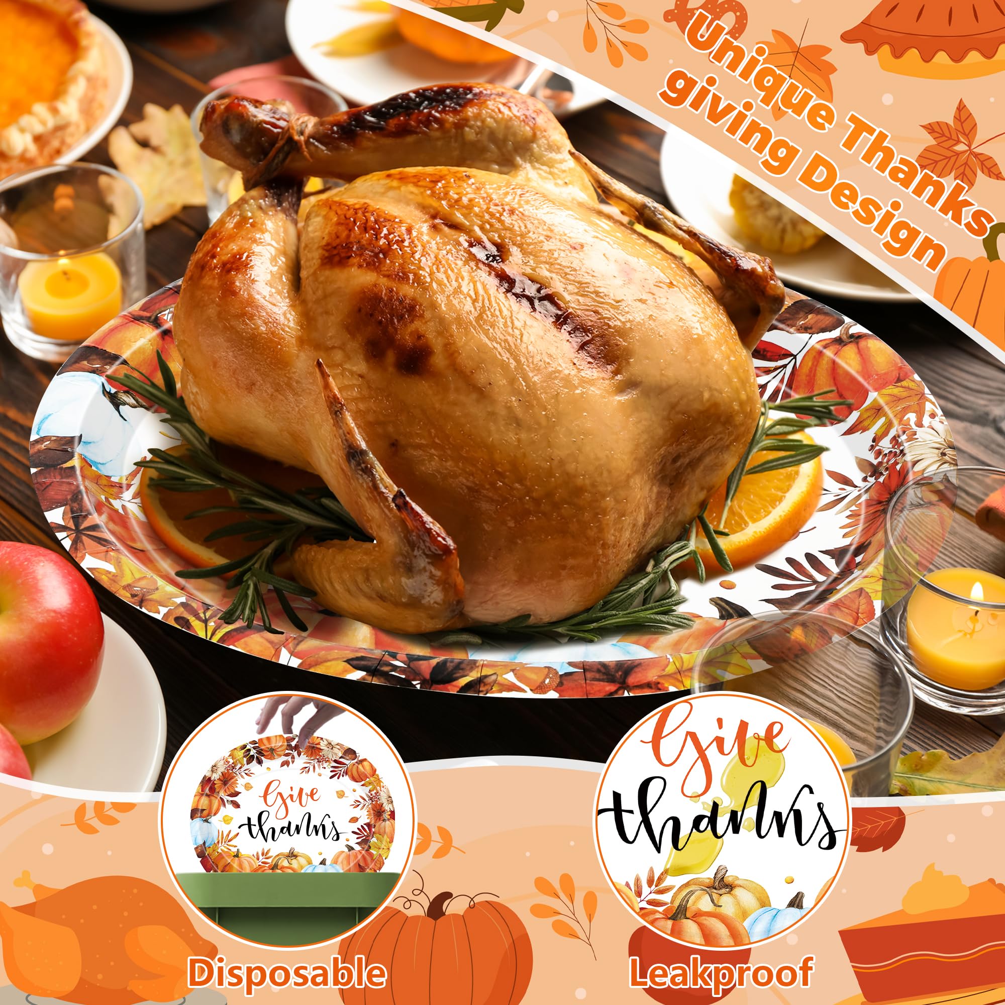 QZYL 50 Pcs Thanksgiving Paper Plates, 12.2 x 10.2 Inches Oval Paper Plates, Large Give Thanks Autumn Dinnerware, Pumpkin Dispos