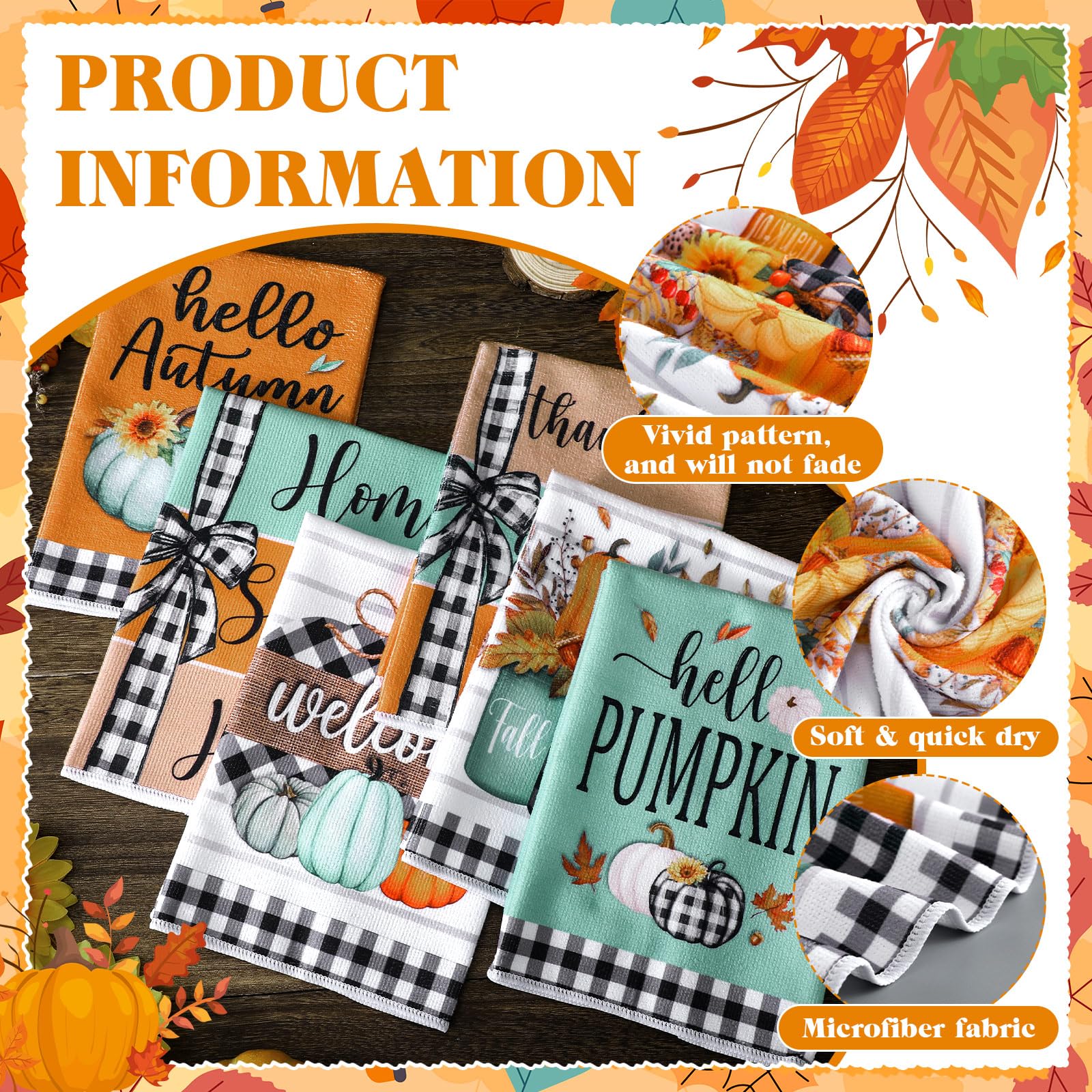 Windkream 6 Pieces Fall Thanksgiving Kitchen Towels Blue Orange Pumpkin Tea Dishtowels Buffalo Plaid Autumn Bathroom Hand Towels