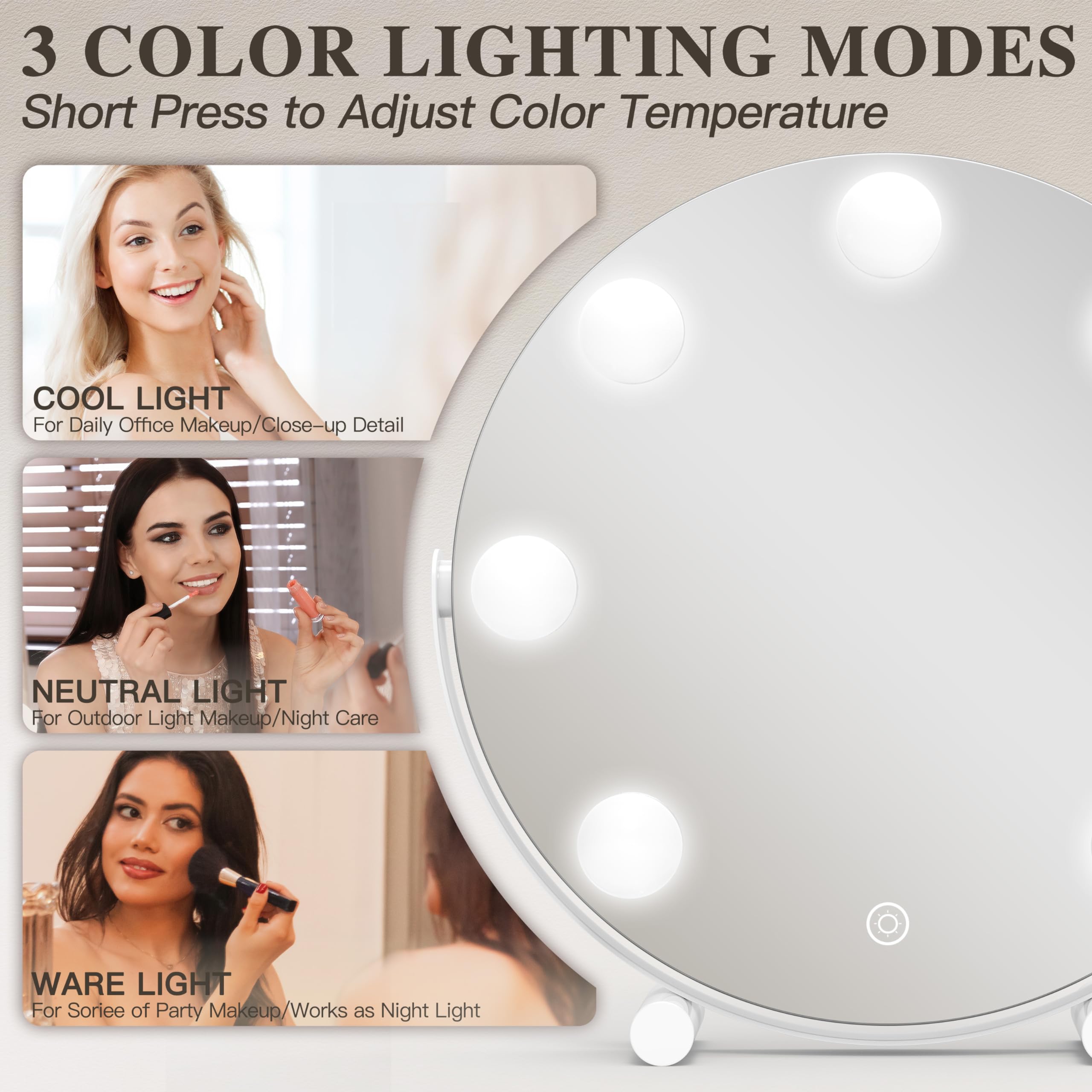 ROLOVE Vanity Mirror with Lights, 12 Inch Hollywood Mirror with Lights for Makeup Desk, LED Makeup Mirror with 7 Dimmable Bulbs