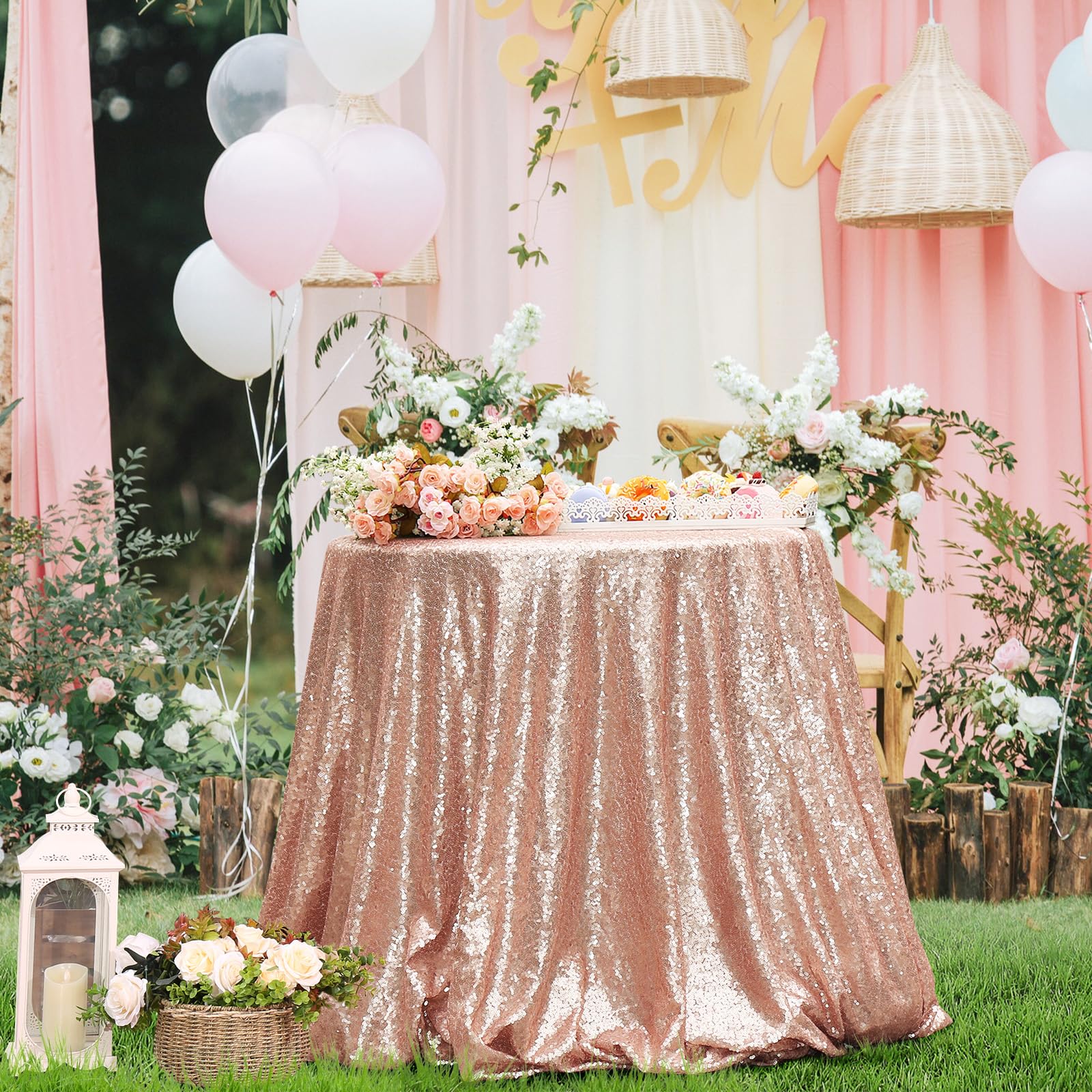 PartyDelight Sequin Tablecloth Round 50 inch Rose Gold for Wedding Party Birthday Bridal Baby Shower and Other Events Decoration