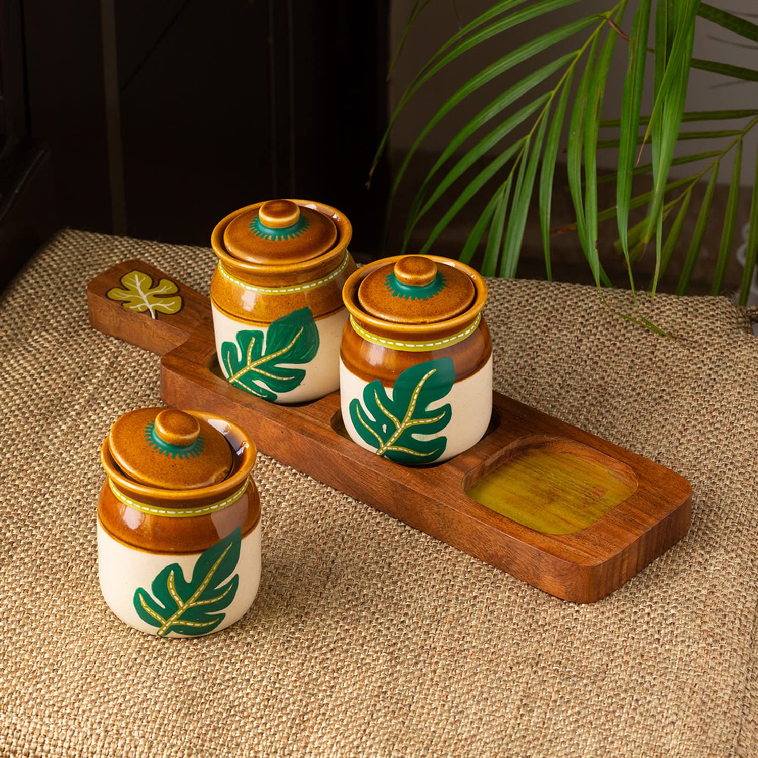 Exclusivelane Leaf Handpainted Indian Pickle Jars With Lids & Wooden Tray Traditional Indian Style Pickle Container For Dining T