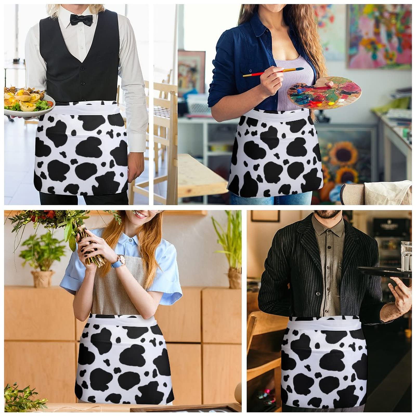 Cow Print Half Waist Apron With 3 Pockets Adjustable Chef Cooking Serving With Long Strap Aprons For Women Men Kitchen Restauran