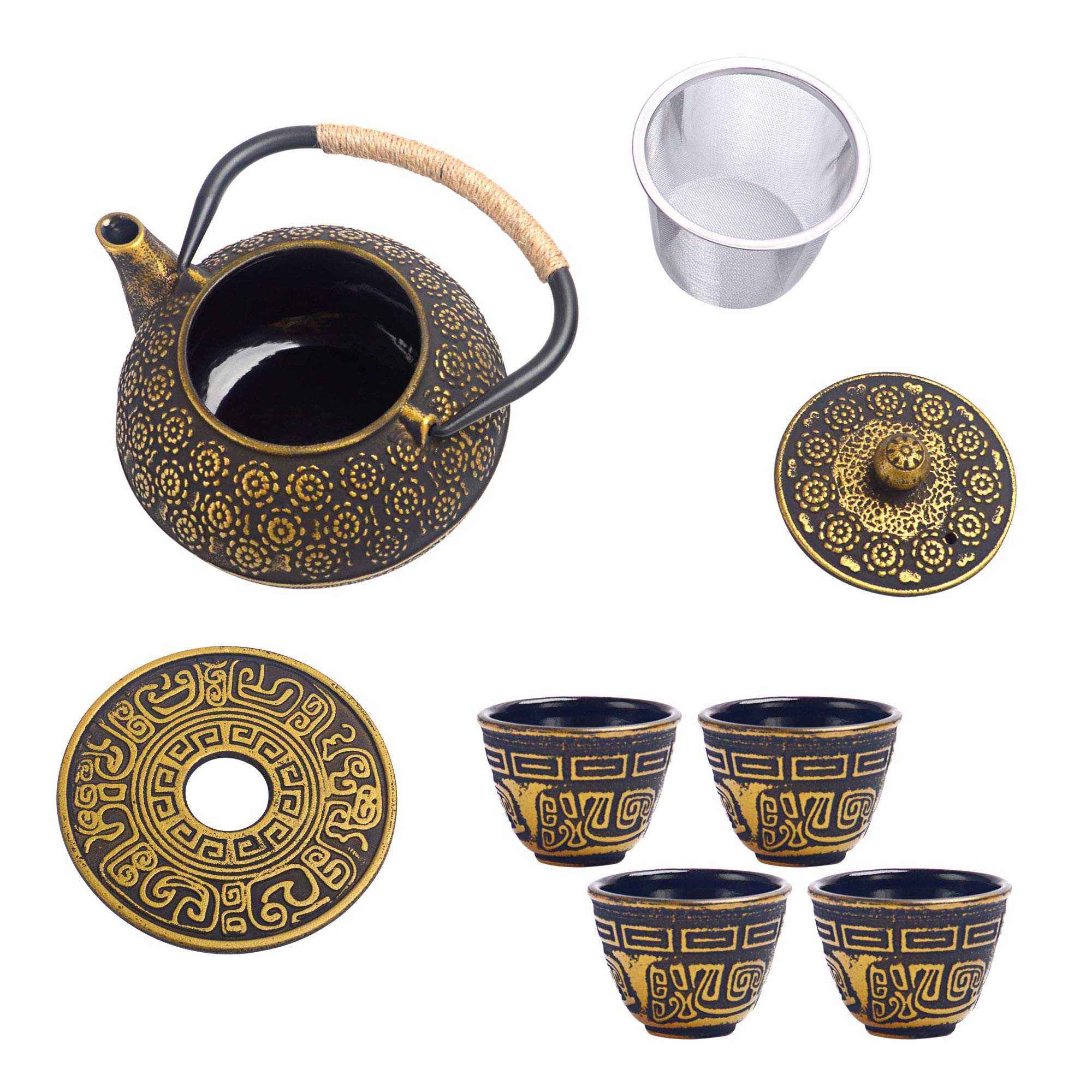 6 Piece Set Gold Japanese Cast Iron Teapot(30 Oz /900 Ml) With 4 Tea Cups (2 Oz Each), Leaf Tea Infuser And Trivet