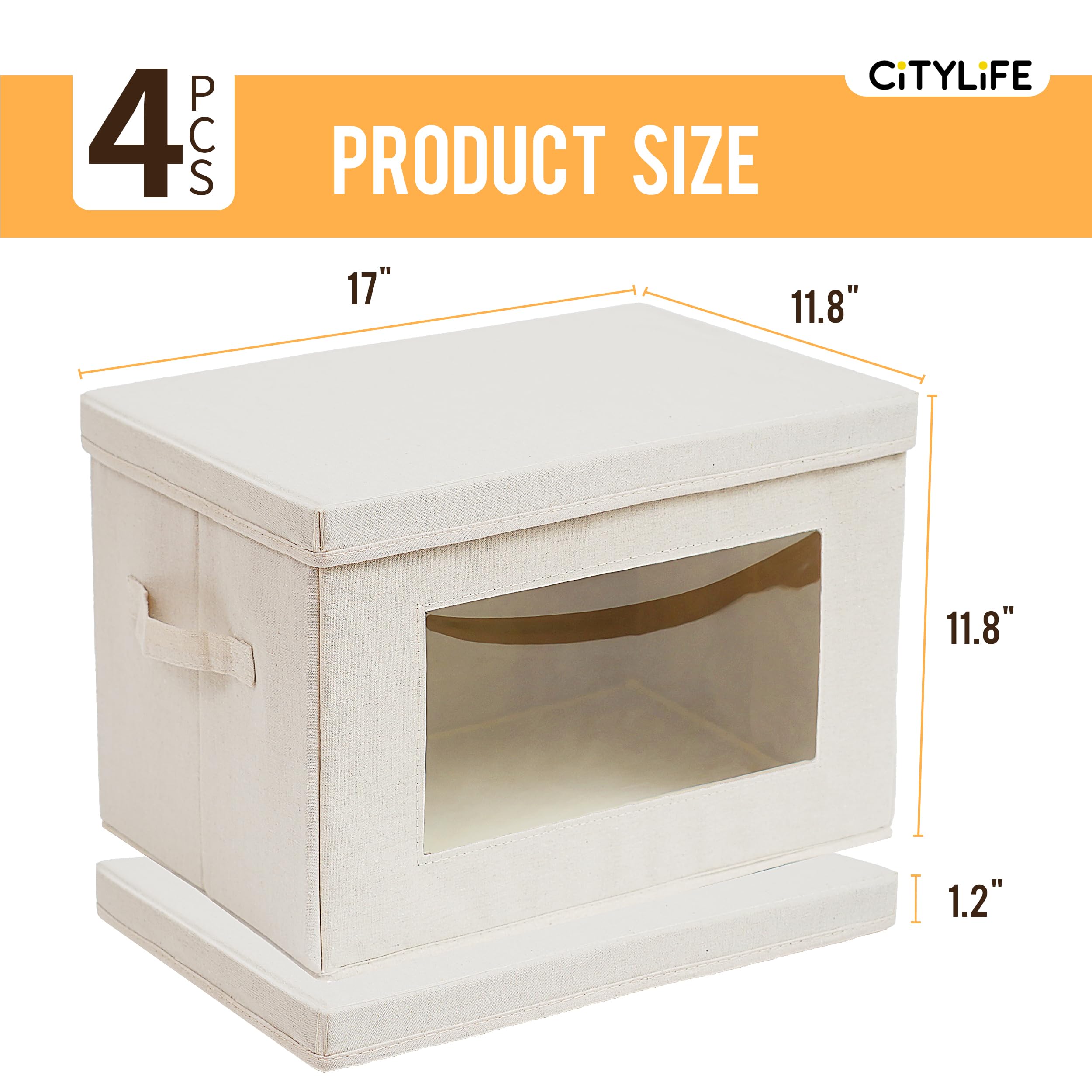 Citylife 4-Pack Storage Bins With Lids, Fabric Foldable Storage Bins With Soft Cord Handles, Cube Closet Storage Baskets With Li