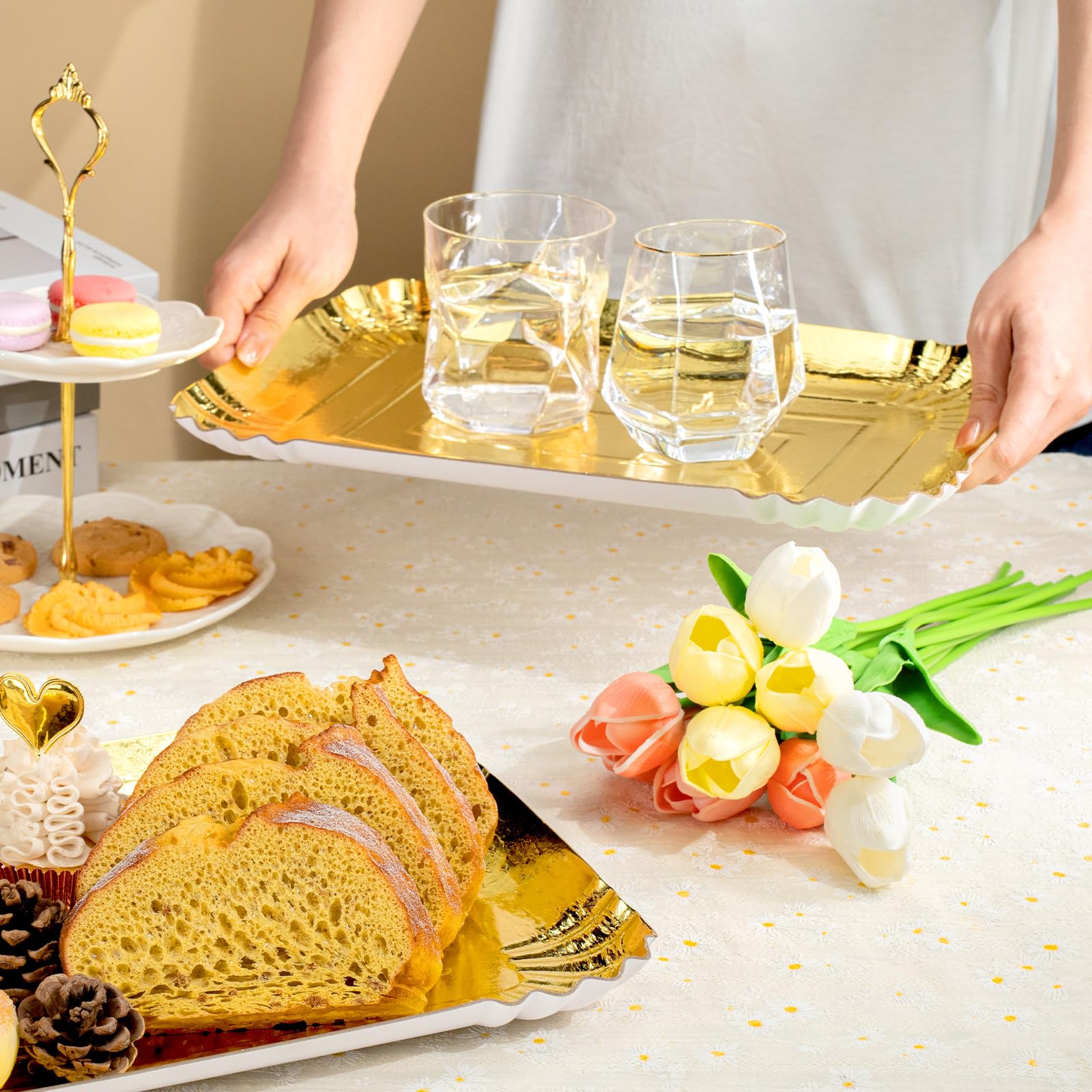 10 Pcs Gold Rectangle Trays, Heavy Duty Disposable Paper Cardboard For Platters, For Elegant Dessert Table Serving Parties, Cupc