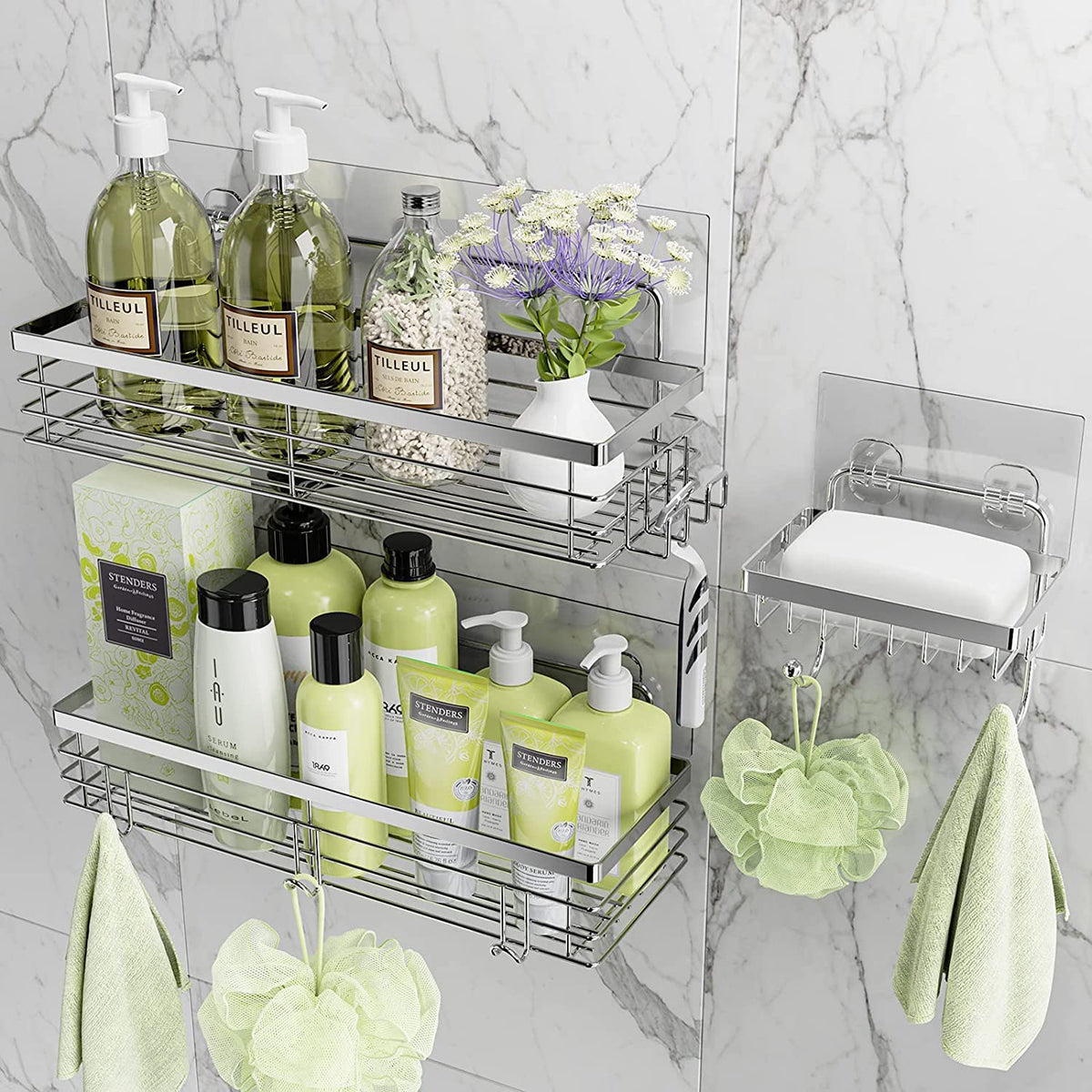 Orimade Adhesive Shower Caddy Soap Dish Holder Shelf With 5 Hooks Bathroom Organizer Basket Kitchen Storage Rack Wall Mounted No