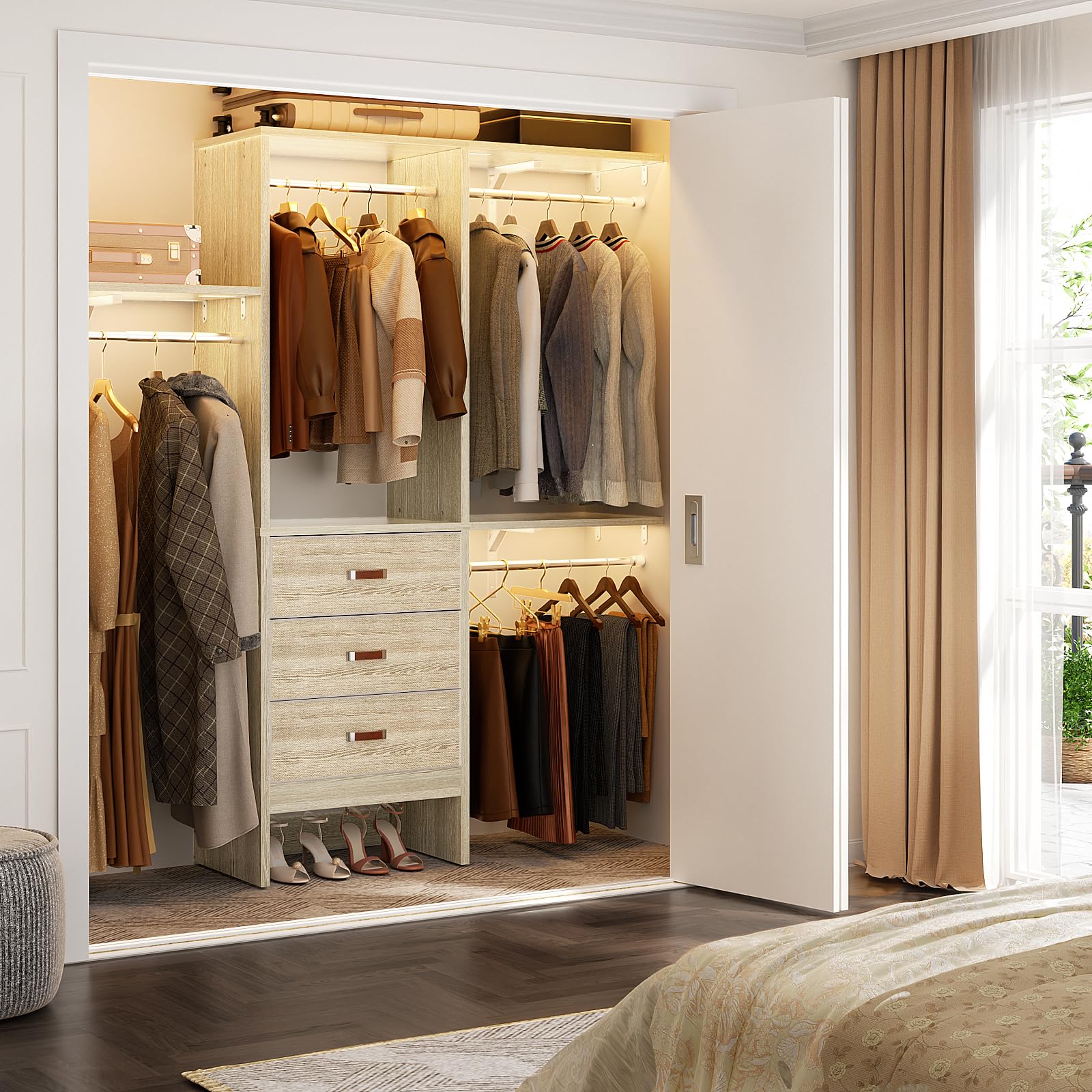 Armocity 5Ft Small Closet System With 3 Fabric Drawers, 60'' Walk In Closet Organizer System With 3 Adjustable Shelves, Heavy Du