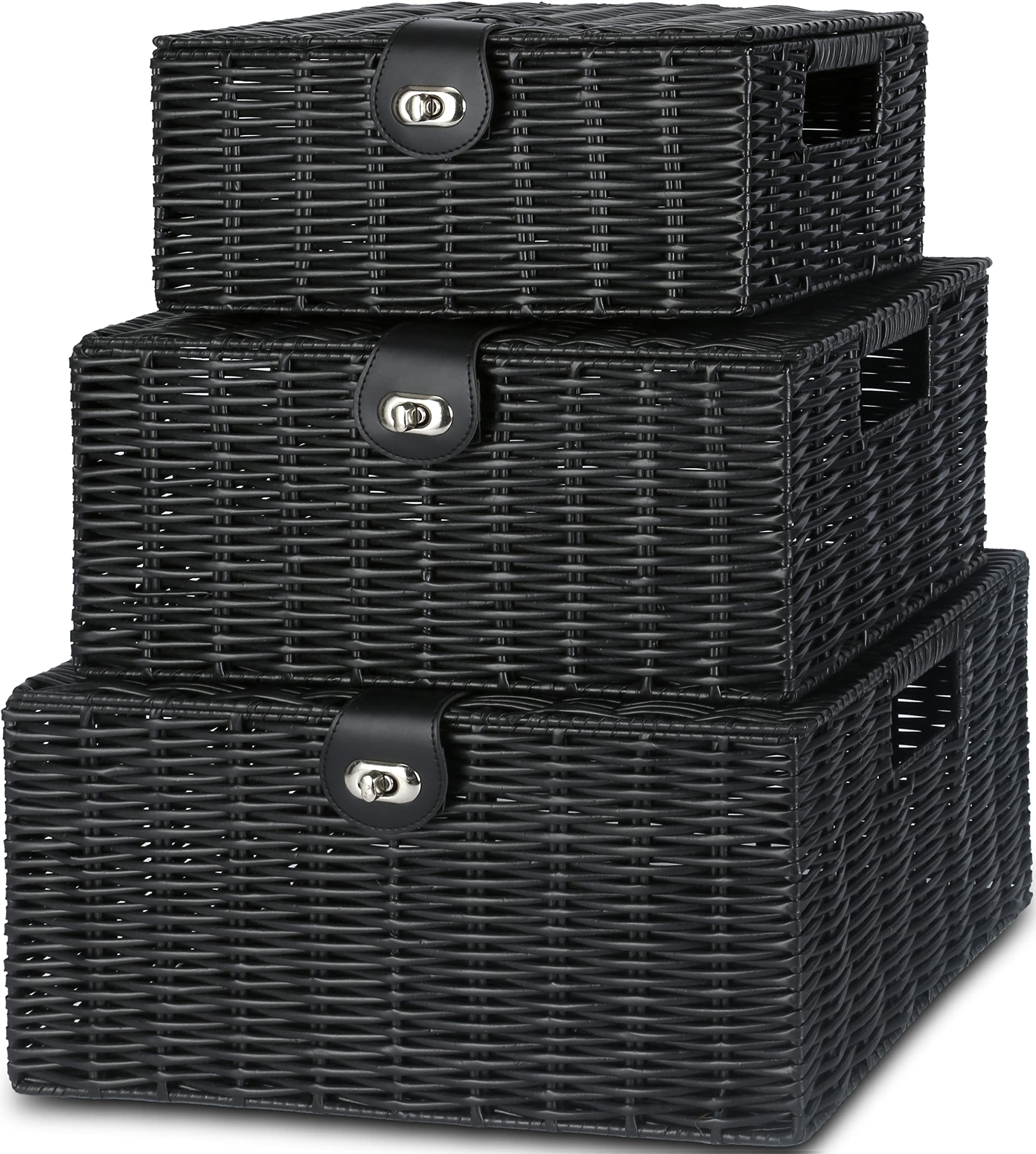 Honygebia Black Wicker Storage Baskets - Set Of 3 Decorative Nesting Boxes With Lids, Woven Basket With Lock & Handle, Organizer