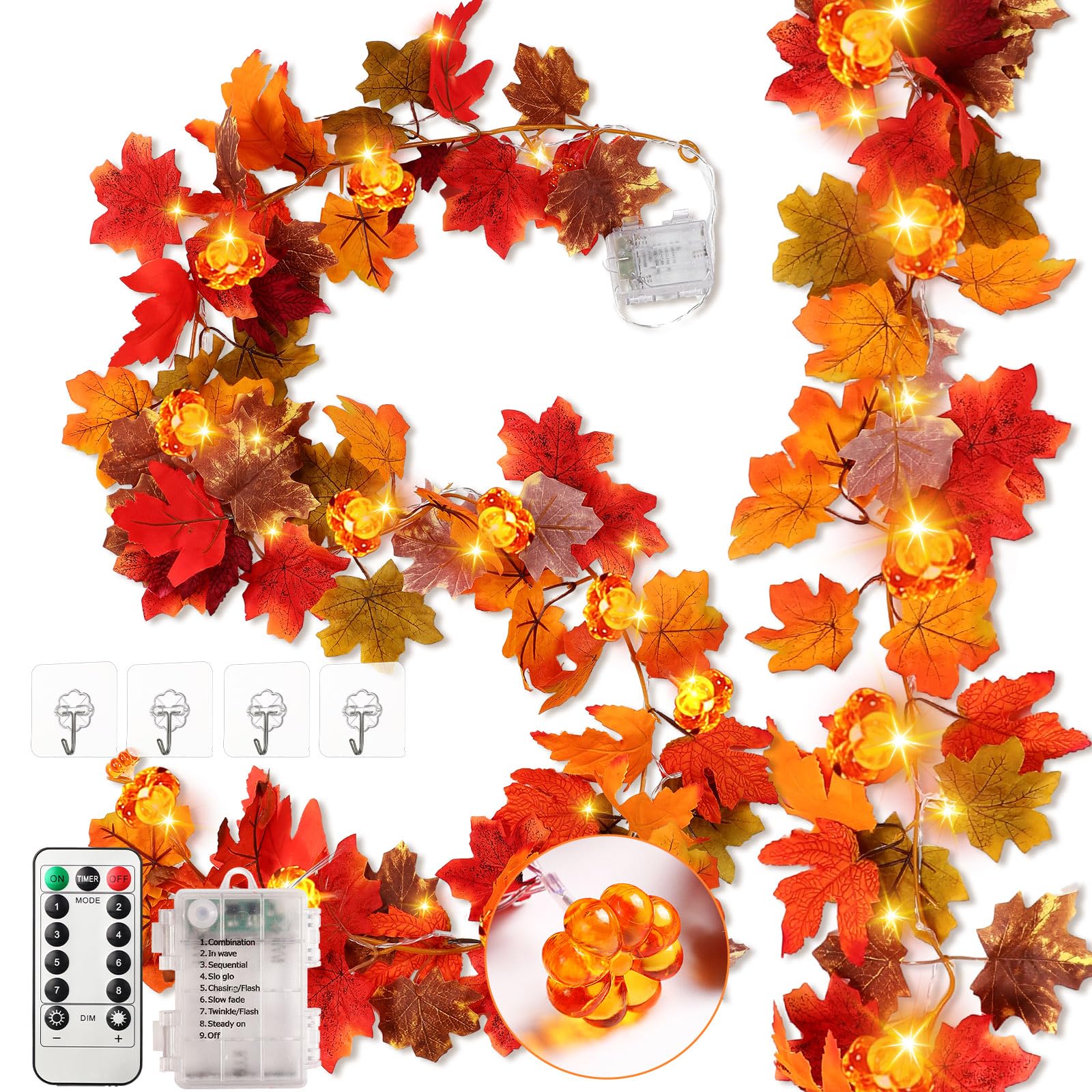 VIHOSE 2 Pack Thanksgiving Maple Leaves Garland Fall Decor 11.5 ft 40 LED with Pumpkin Lights Battery Operated and Timer Remote 
