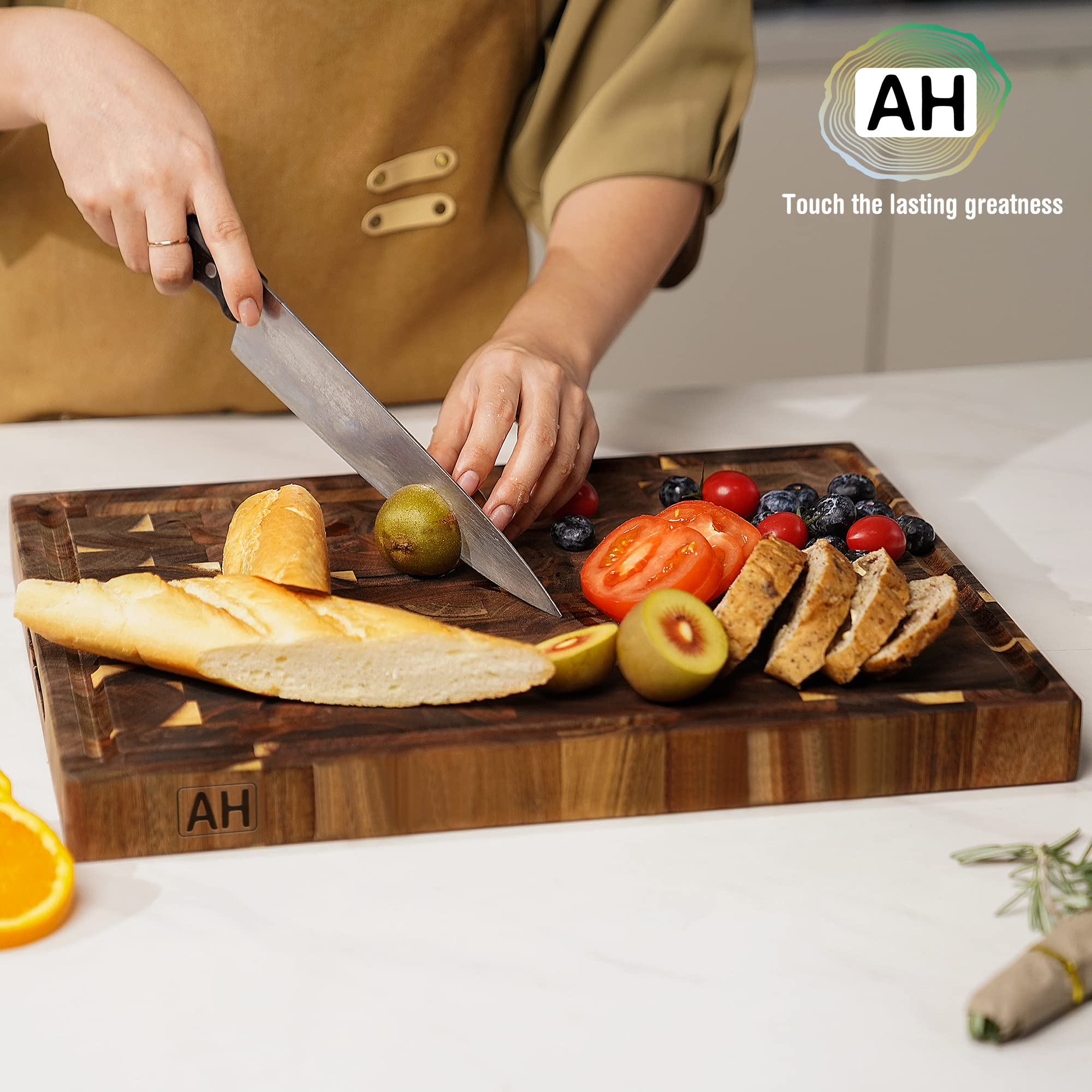 AZRHOM Large Thick End Grain Acacia Wood Butcher Block 17x13x1.5 in Wood Cutting Board for Kitchen with Non-slip Mats Juice Groo