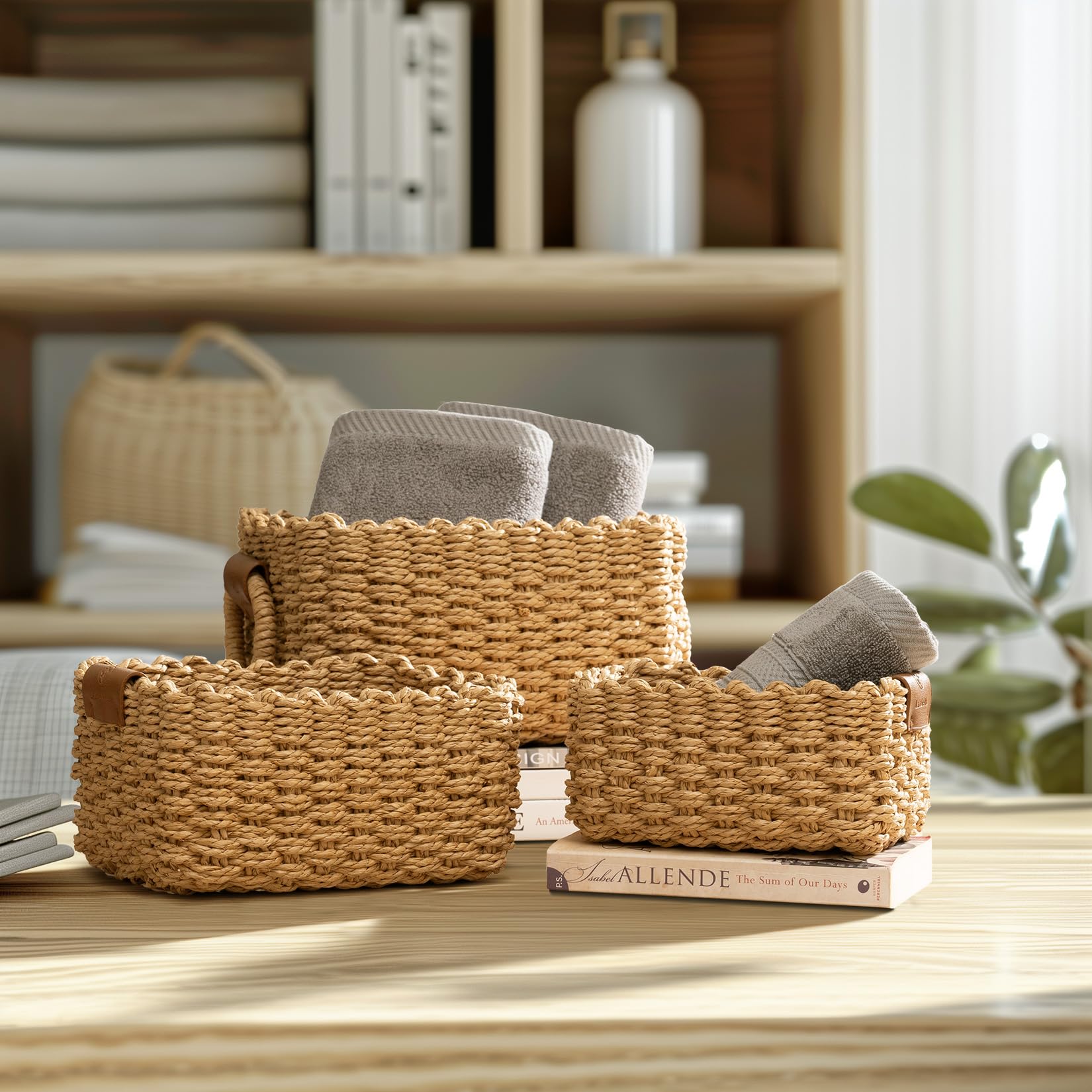 La Jolie Maison Small Sand Wicker Baskets Set Of 3, Paper Rope Storage Baskets With Handle, Small Woven Baskets For Organizing,