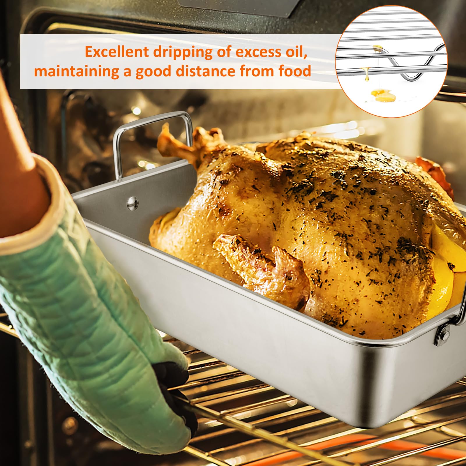 Leonyo Roasting Pan With Rack, 14 Inch Turkey Roasting Pan & Cooling Rack, Stainless Steel Baking Pans Non Stick Roaster Pan Wit