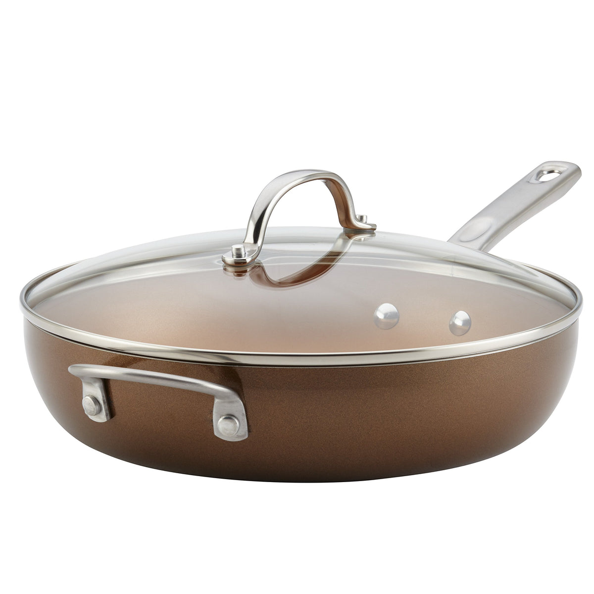 Ayesha Curry Home Collection Porcelain Enamel Nonstick Covered Deep Skillet With Helper Handle, 12 Inch Frying Pan, Glass Lid, B