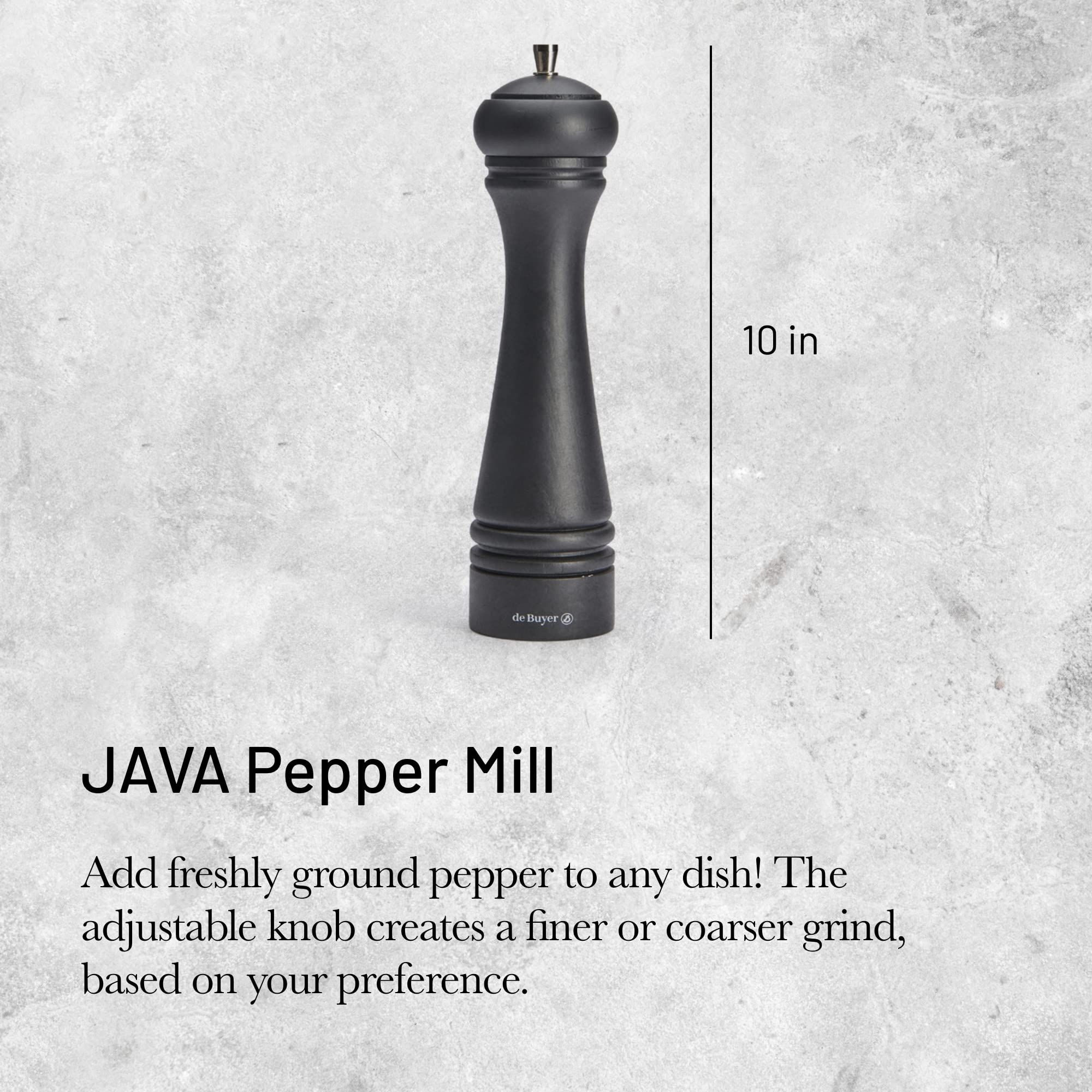 De Buyer Java Pepper Mill, Matte Black - 10    - Stainless Steel & Beechwood - Includes Knob To Adjust Grind Size - Corrosion Re