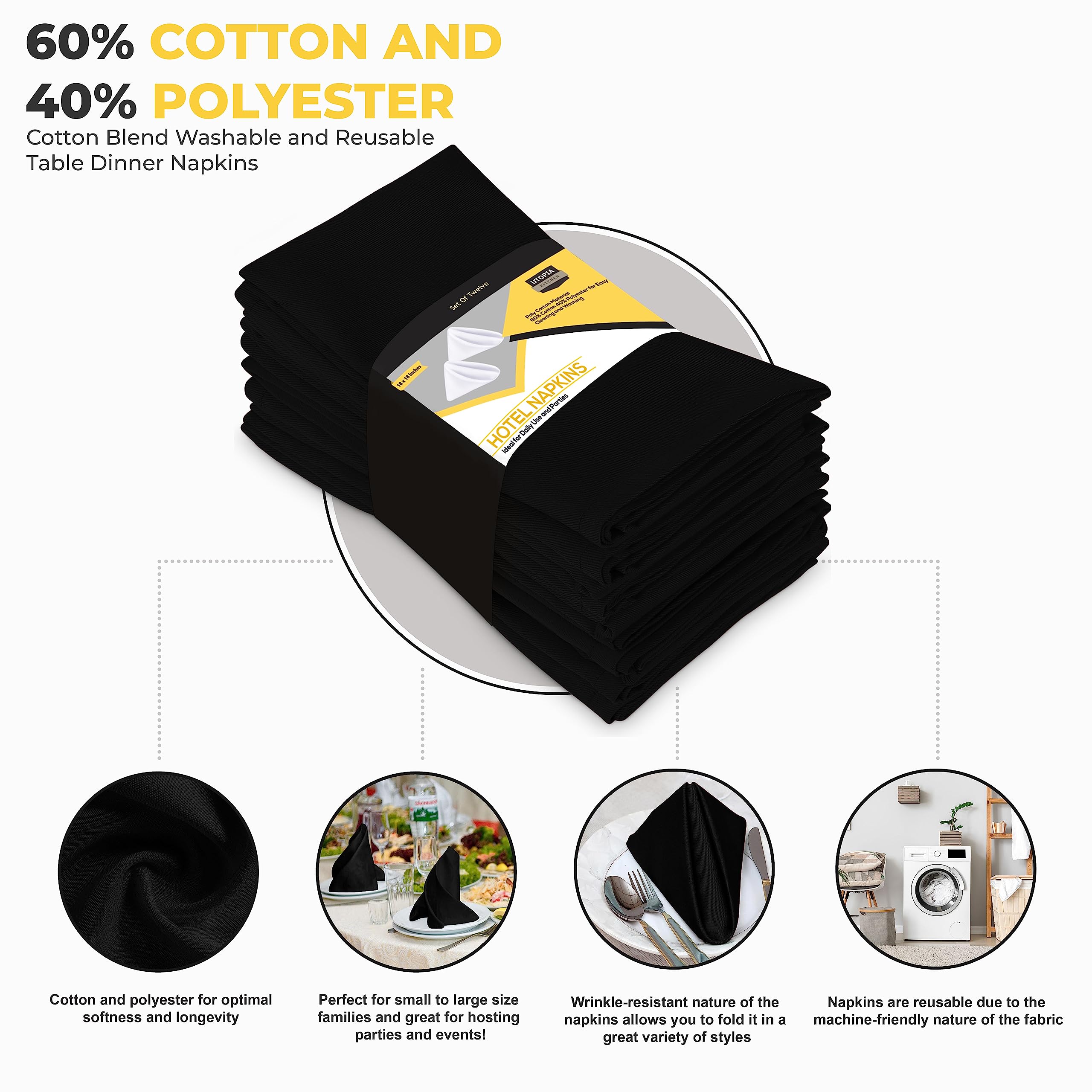 Utopia Kitchen Black Cloth Napkins [12 Pack, 18X18 Inch] Cotton Blend Washable And Reusable Table Dinner Napkins For Hotel, Lunc