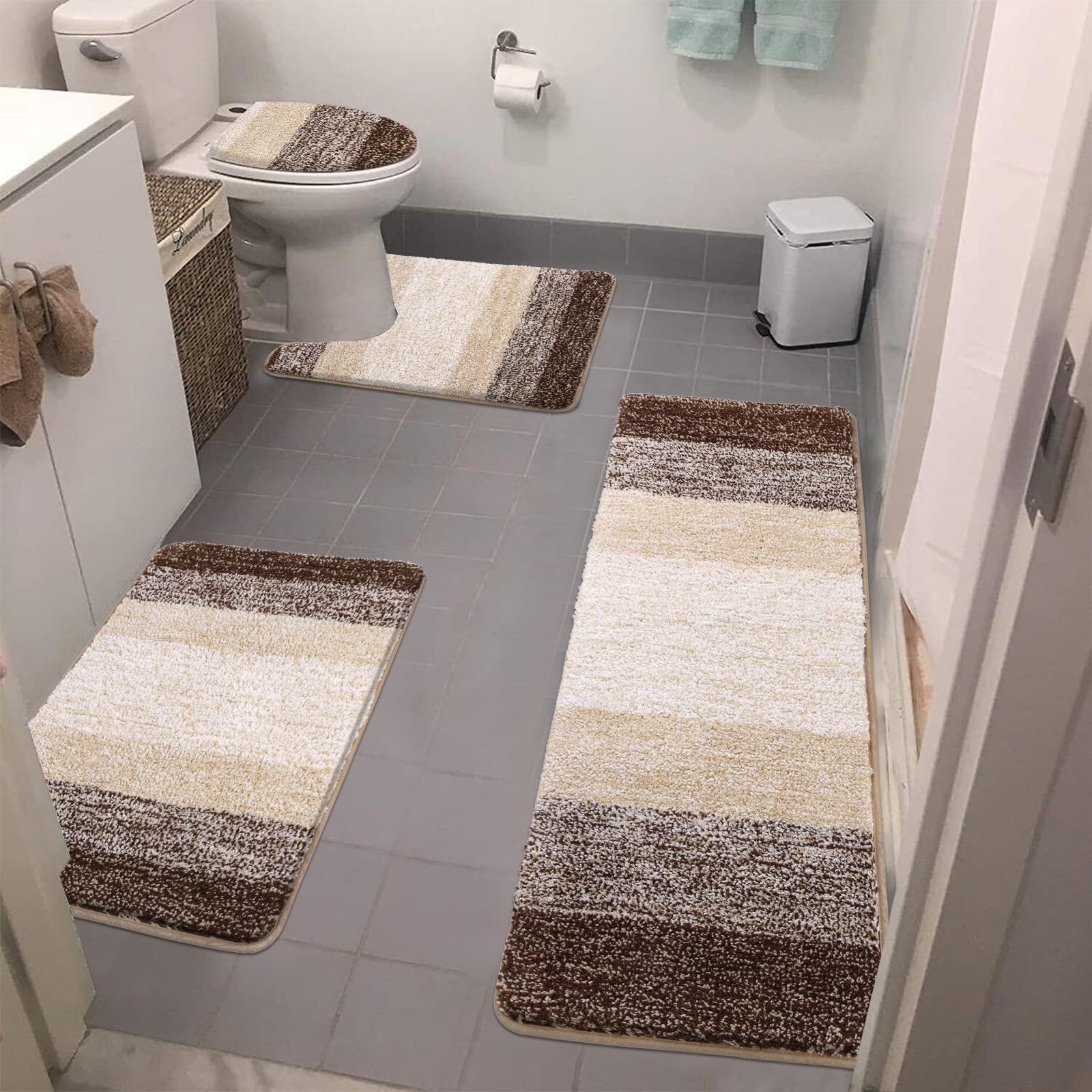 Bsmathom Bathroom Rugs Sets 4 Piece With Toilet Cover, Plush Shaggy Bathroom Rugs Non Slip Washable, Absorbent Microfiber Bathro
