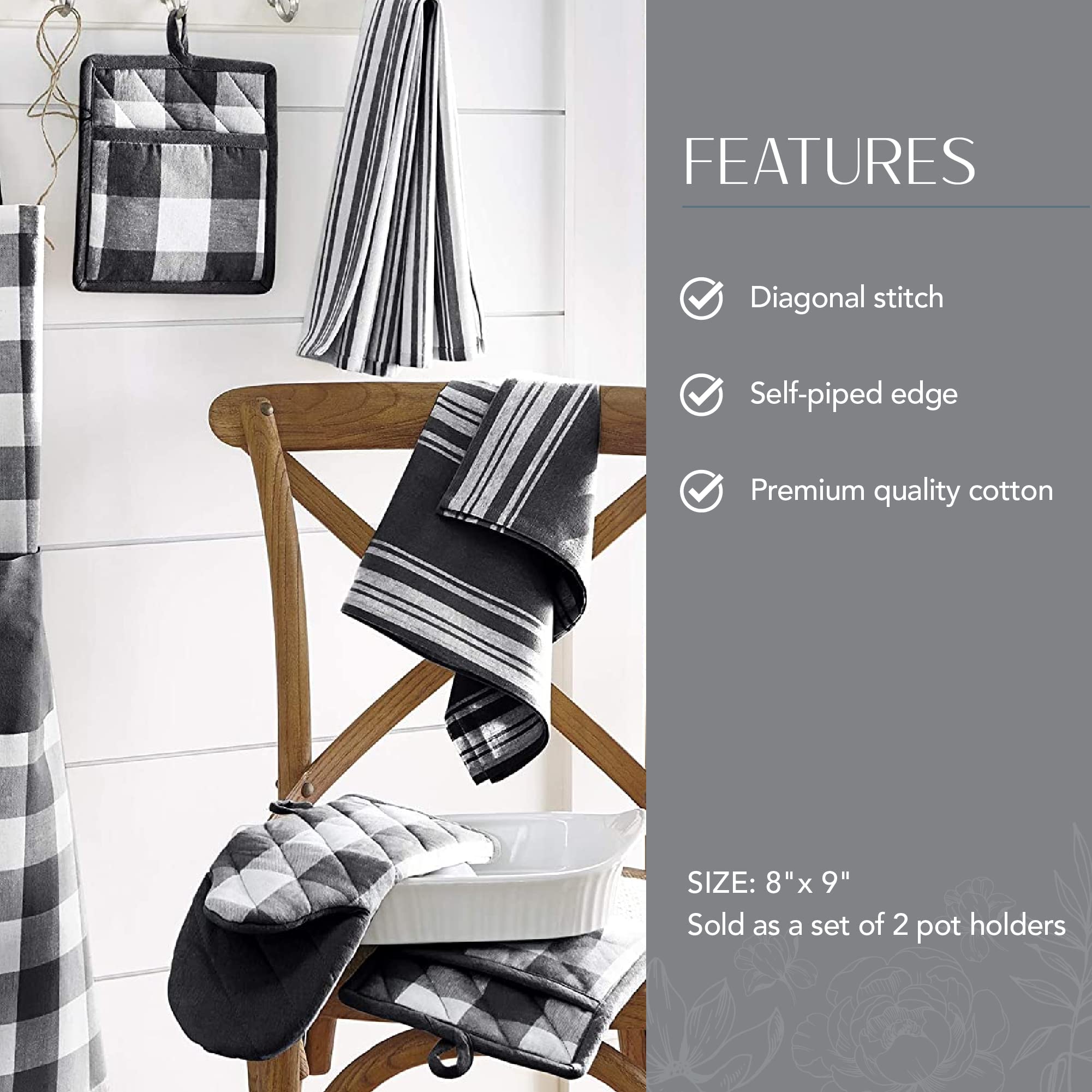 Elrene Home Fashions Farmhouse Living Buffalo-Check Pot-Holder Set, Rustic Pot Holders For Kitchen, Set Of 2, 8'' X 9'', Black/W