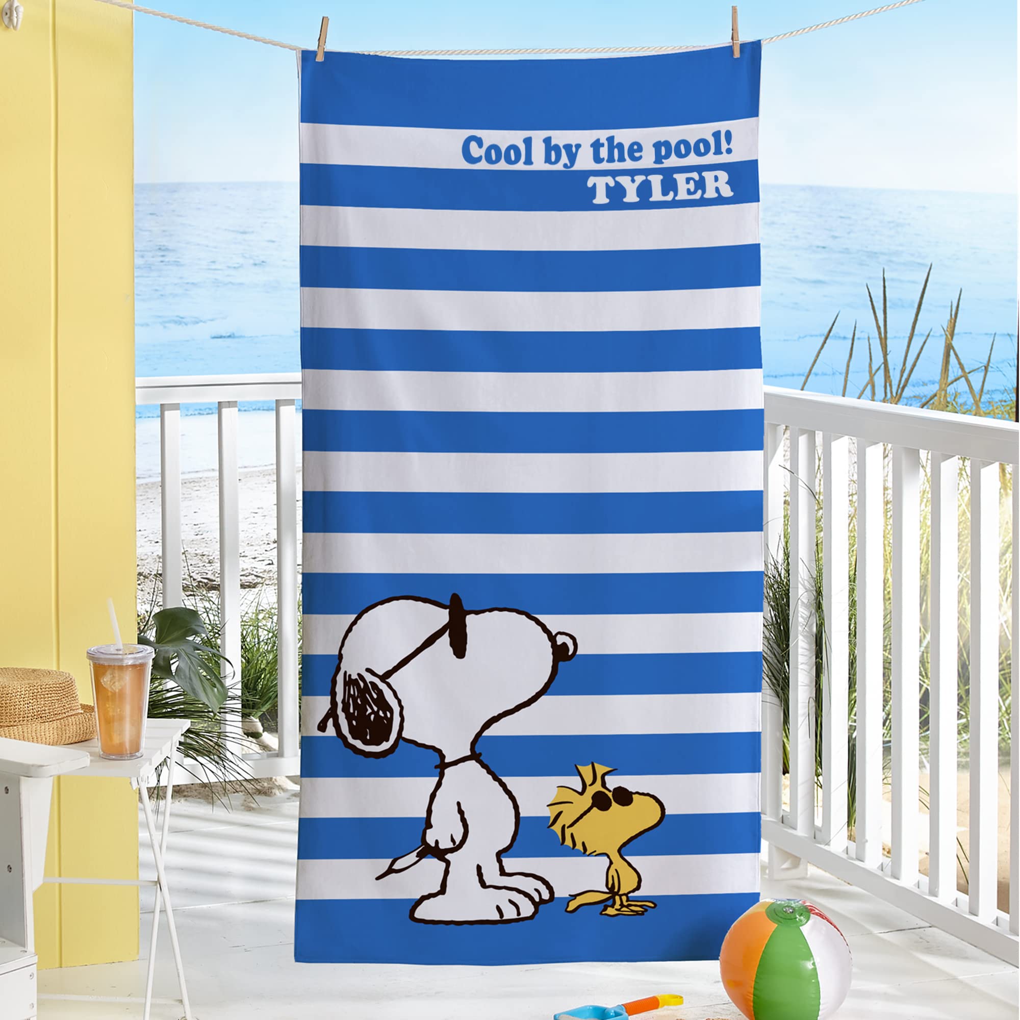 Let'S Make Memories Personalized Peanuts Cool Blue Stripes Beach Towel - Pool Party