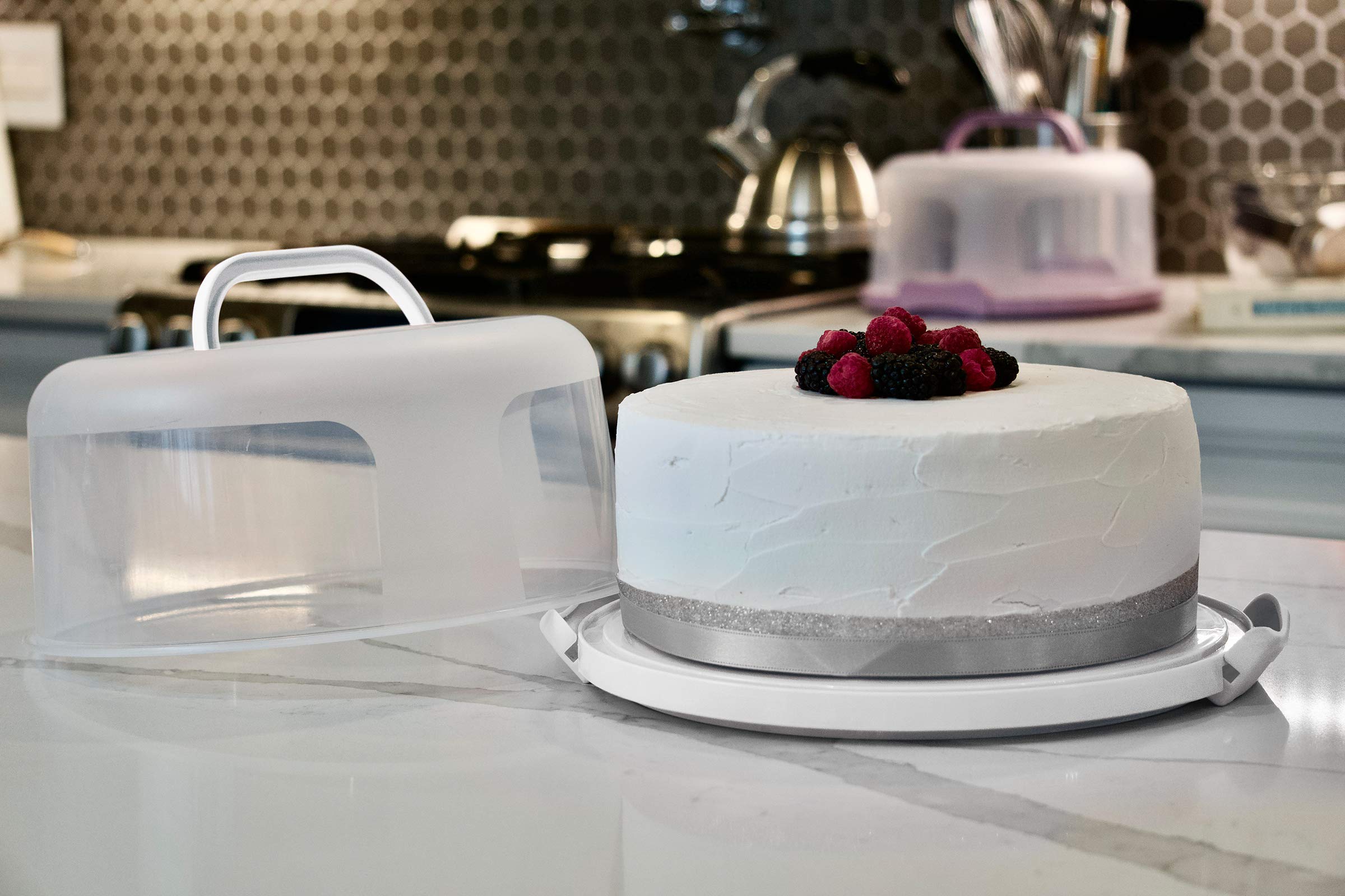Top Shelf Elements Round Cake Carrier Two Sided Holder Serves As Five Section Serving Tray, Portable Stand Fits 10 Inch Cake, Bo