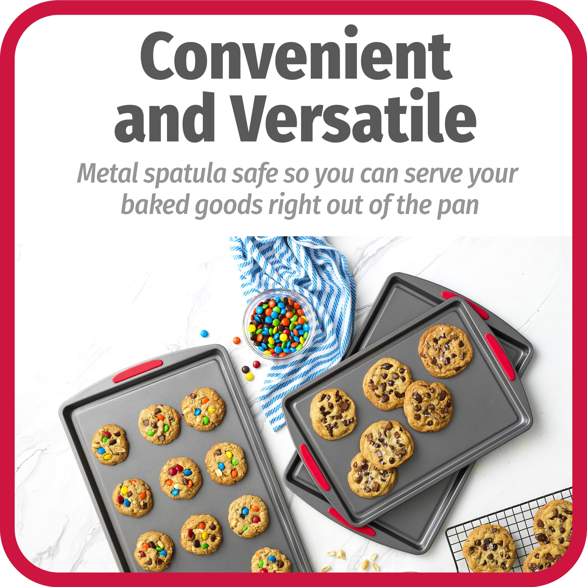 GoodCook Nonstick Steel Cookie Sheet Set, 3-Piece Assorted, Gray with Silicone Grip Handles, Model 04551
