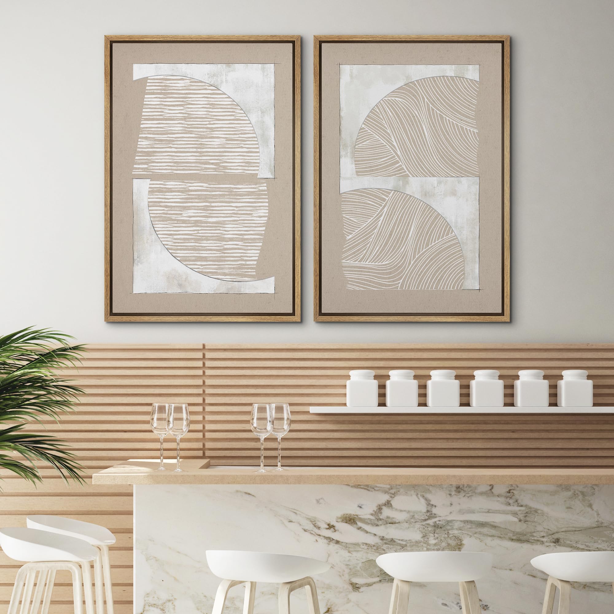 SIGNWIN Framed Canvas Print Wall Art Set Grunge Tan White Art Deco Polygons Abstract Shapes Illustrations Minimal Decorative Nordic Zen Bohemian for Living Room  Bedroom  Office - 24''x36''x2 Natural