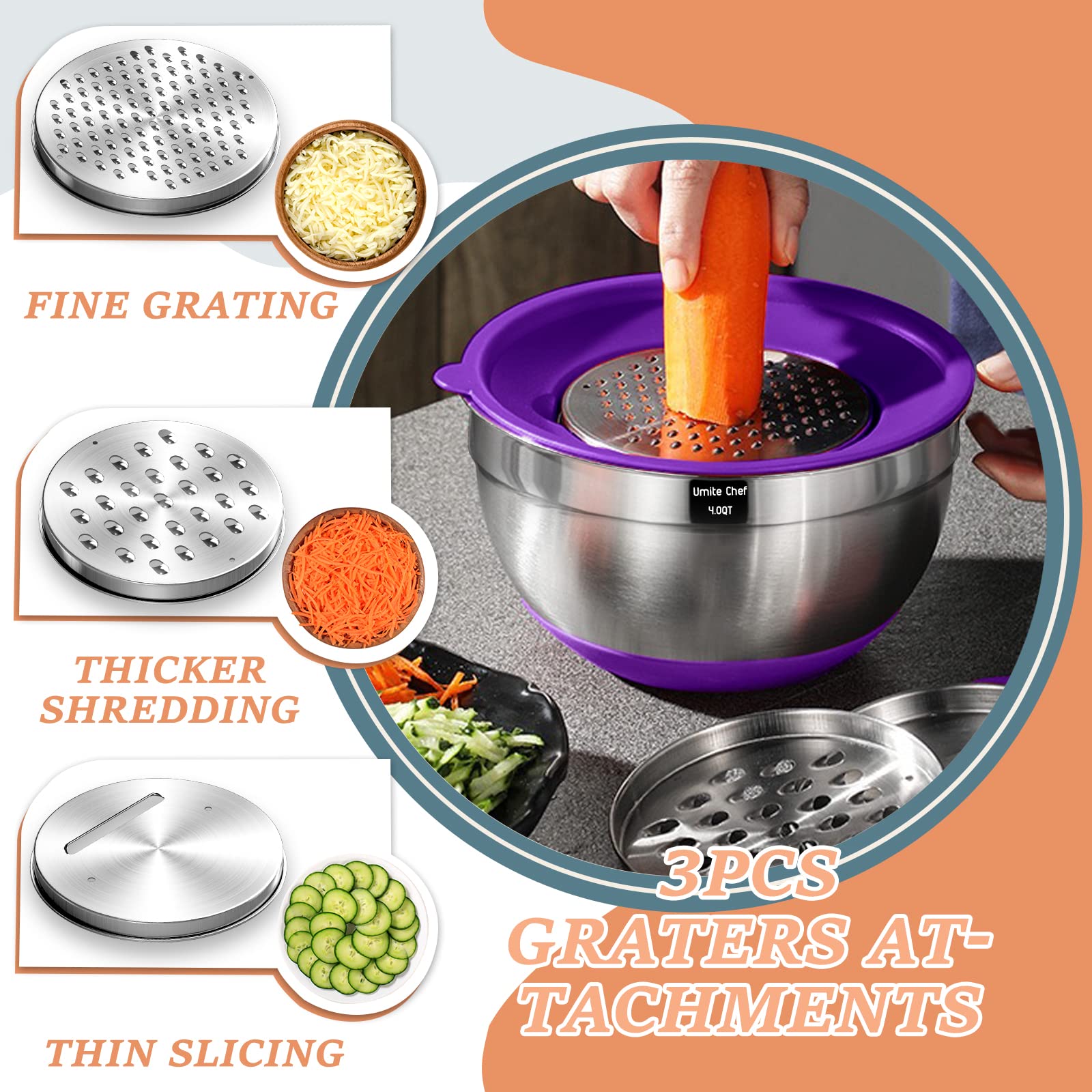 Umite Chef Mixing Bowls Set, 26Pcs Stainless Steel with Airtight Lids, 3 Grater Attachments, Colorful Non-Slip Bottoms, Sizes 1QT to