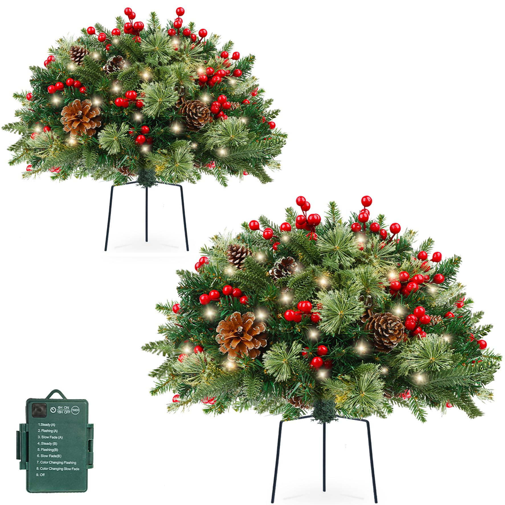 TOWPONICS Set of 2 Outdoor Christmas Trees Urn Filler, 18in Prelit Battery Operated Artificial Small Xmas Tree Holiday D  cor wi