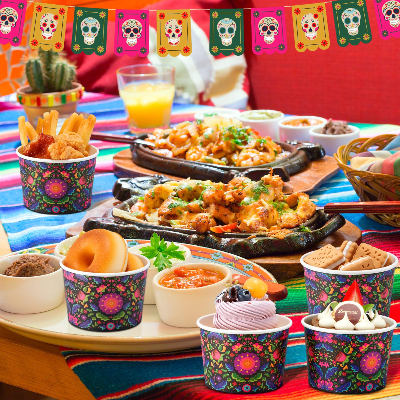 Zhehao 60 Pcs Mexican Halloween Paper Ice Cream Cups 9 oz Day of The Dead Disposable Dessert Bowls Snack Cups for Ice Cream Part