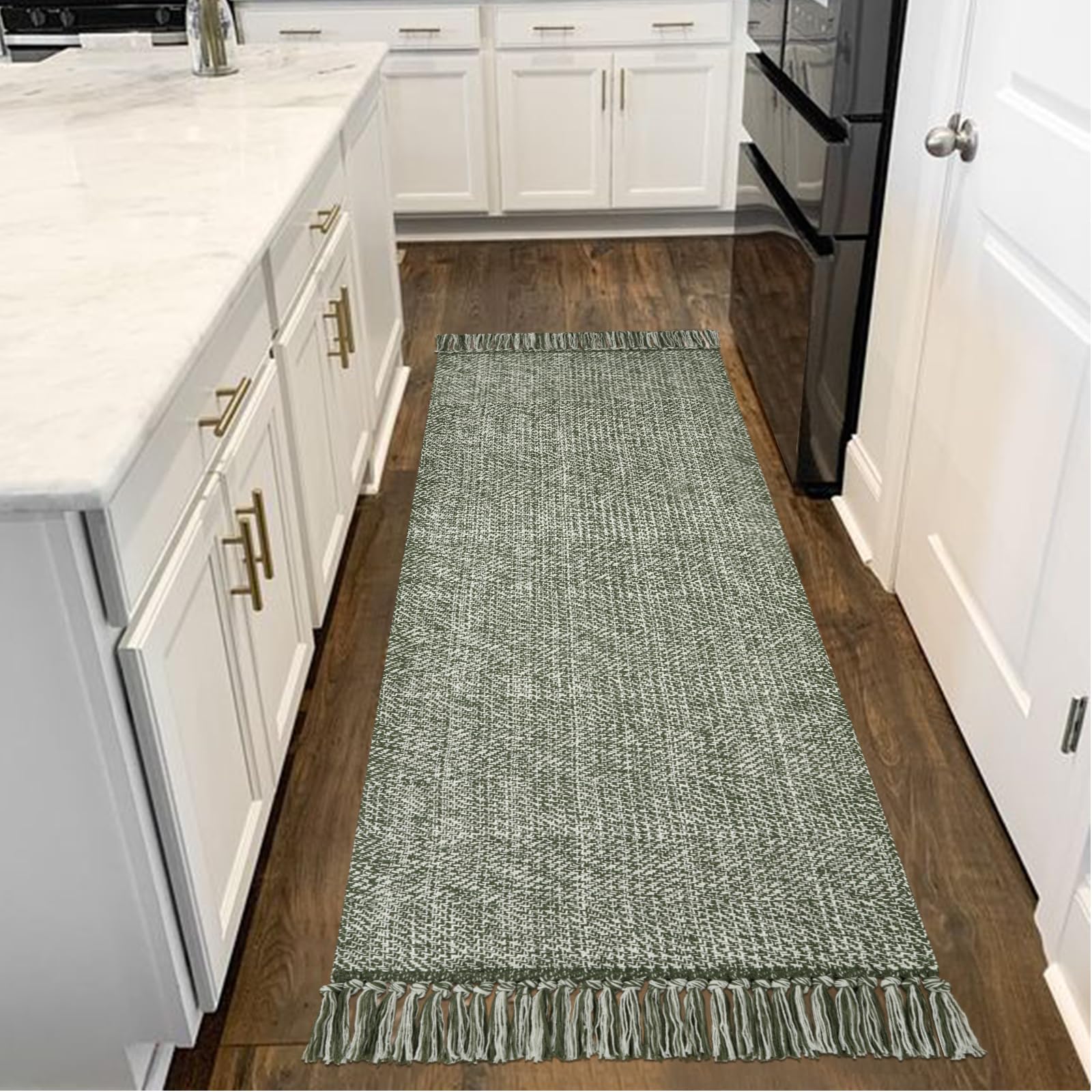 Collive Hallway Runner Rug, 2 x 6 Hand-Woven Reversible Washable Entryway Rug, Olive Green/Cream Cotton Modern Farmhouse Laund