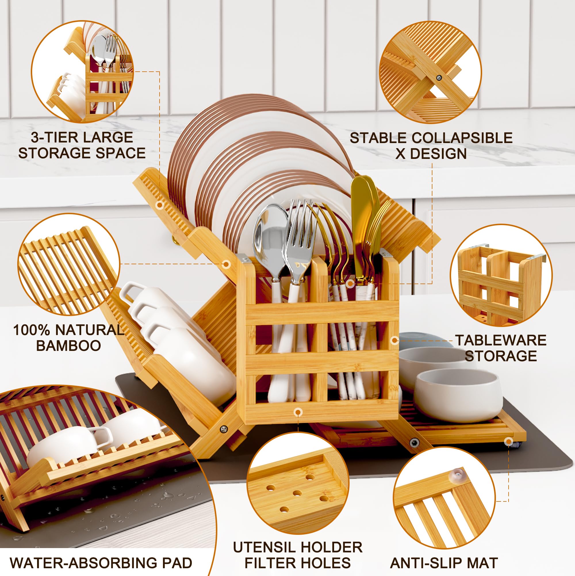 Greenual Bamboo Dish Drying Rack With Utensil Holder, 3 Tier Collapsible Dish Rack, Wooden Dish Racks For Kitchen Counter, Large