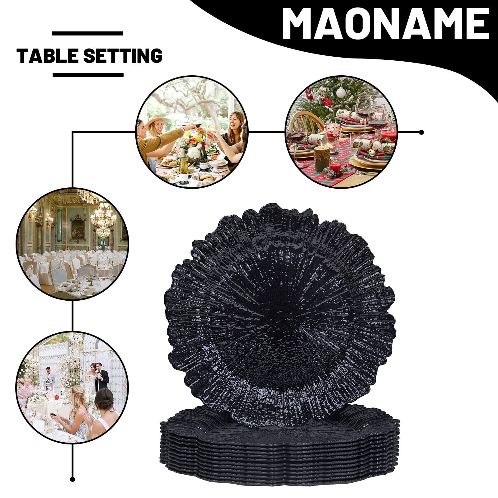 Maoname Black Charger Plates Set Of 12, Reef Plate Chargers For Dinner Plates, Plastic Decorative Plates For Table Setting