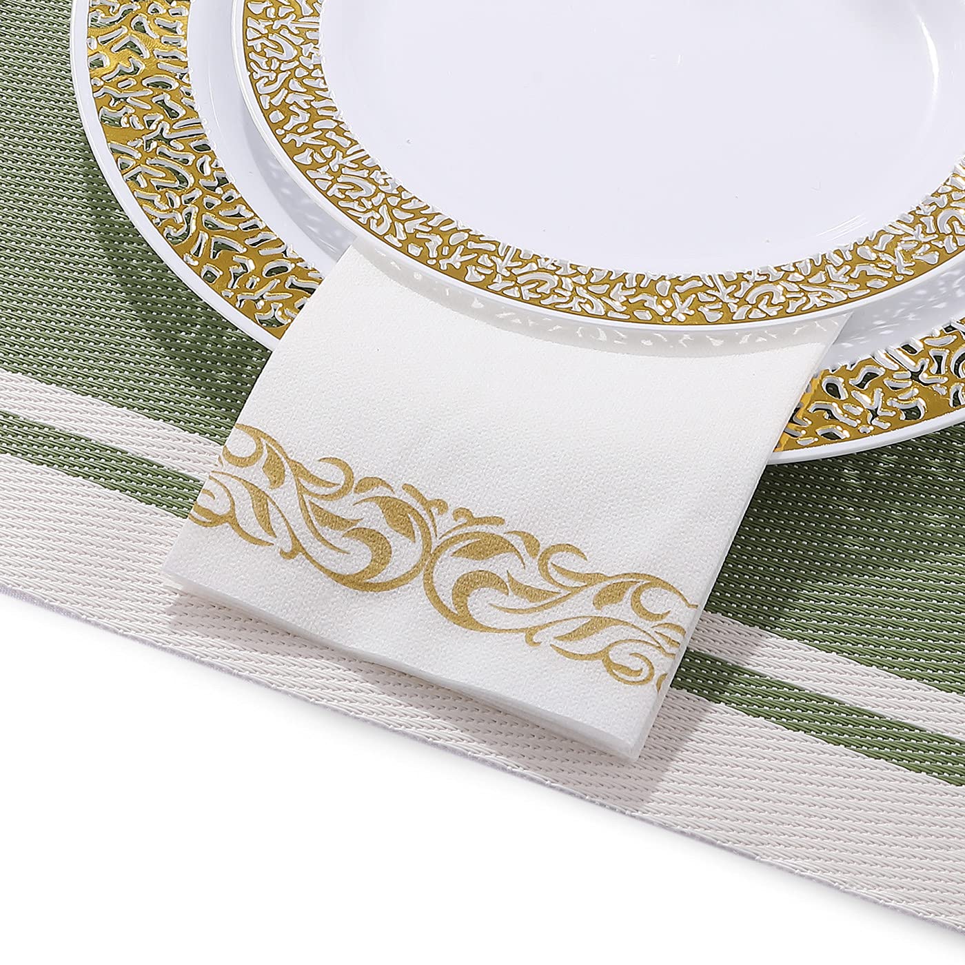 [200 Pack] Disposable Guest Towels Soft and Absorbent Paper Hand Towels Durable Decorative Bathroom Hand Napkins for Kitchen Parties Weddings Dinners or Events White and Gold