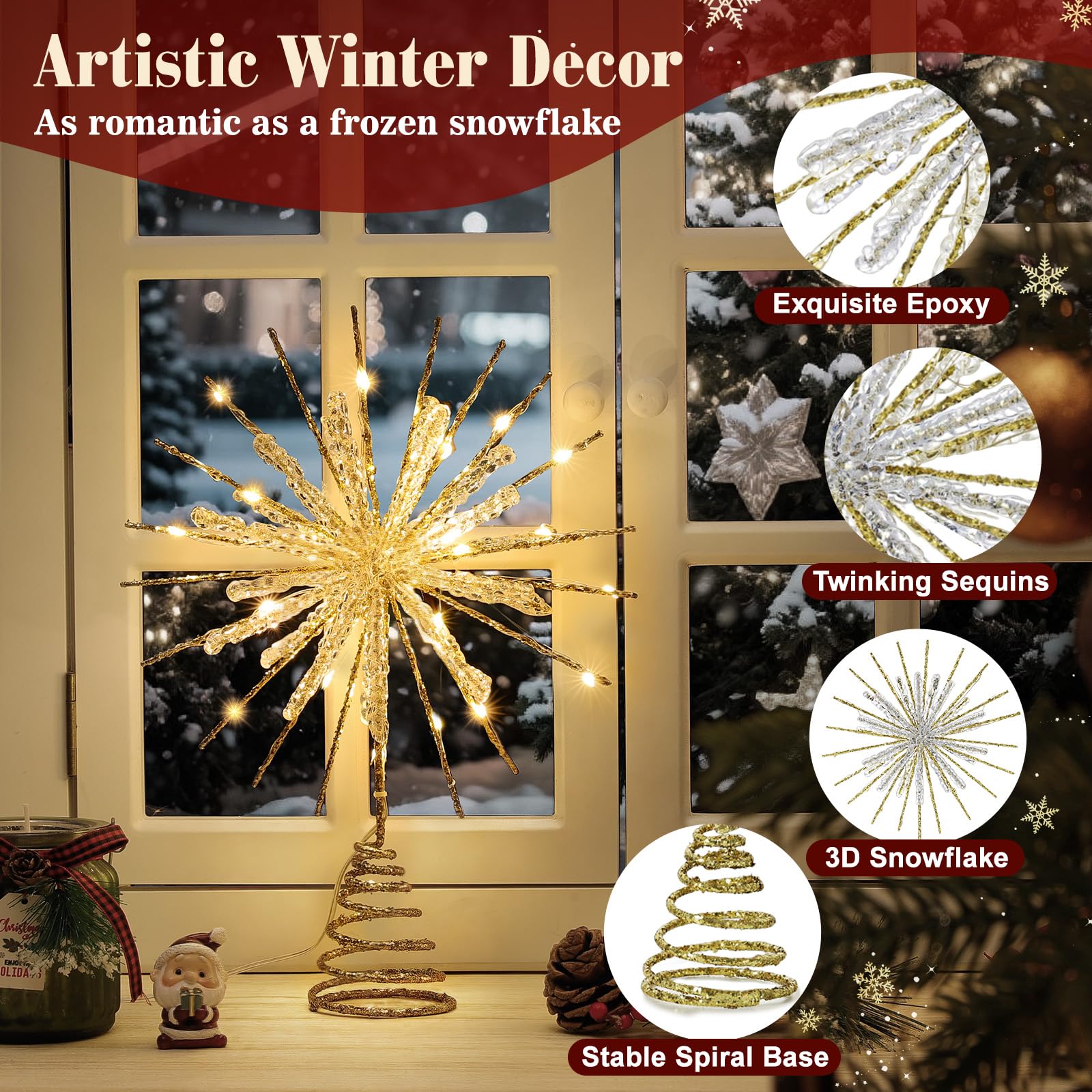 Lewondr Christmas Snowflake Tree Topper, 12.2 in 30 LED Xmas Tree Topper with Glittered Epoxy, Remote & USB Powered Snowflake Tr