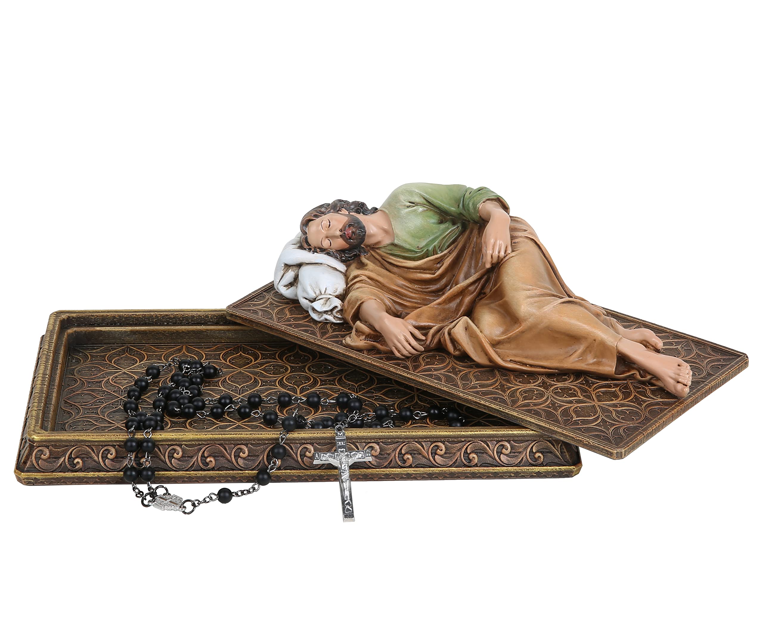 BC Catholic Sleeping St.Joseph Statue with Case Base, Religious Figure Gift, Holder for Rosary, Inspirational Home Decor 8.8 inc