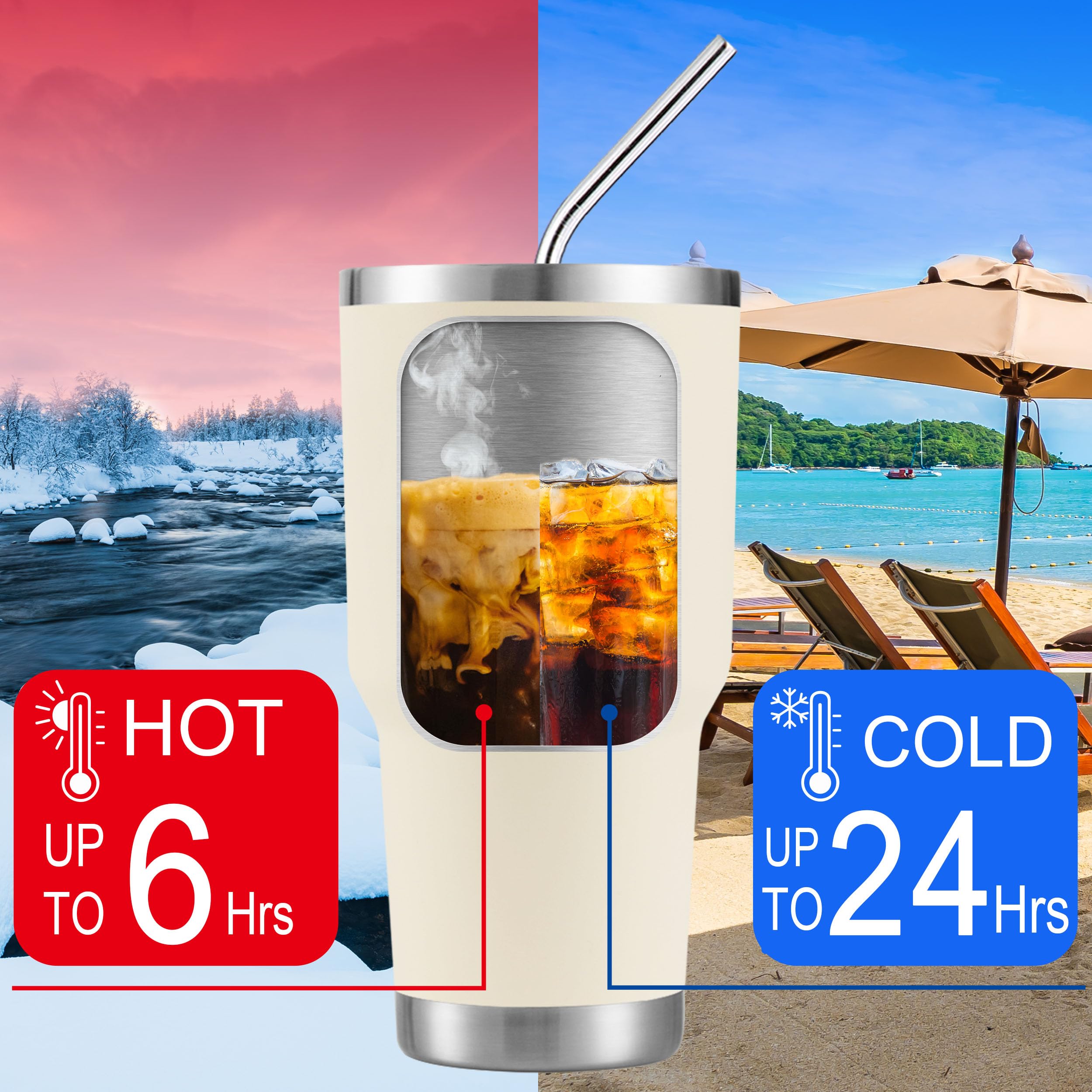 DS 30oz Cream Tumbler Stainless Steel Insulated Travel Mug with Straw Lid Cleaning Brush (30oz Cream)