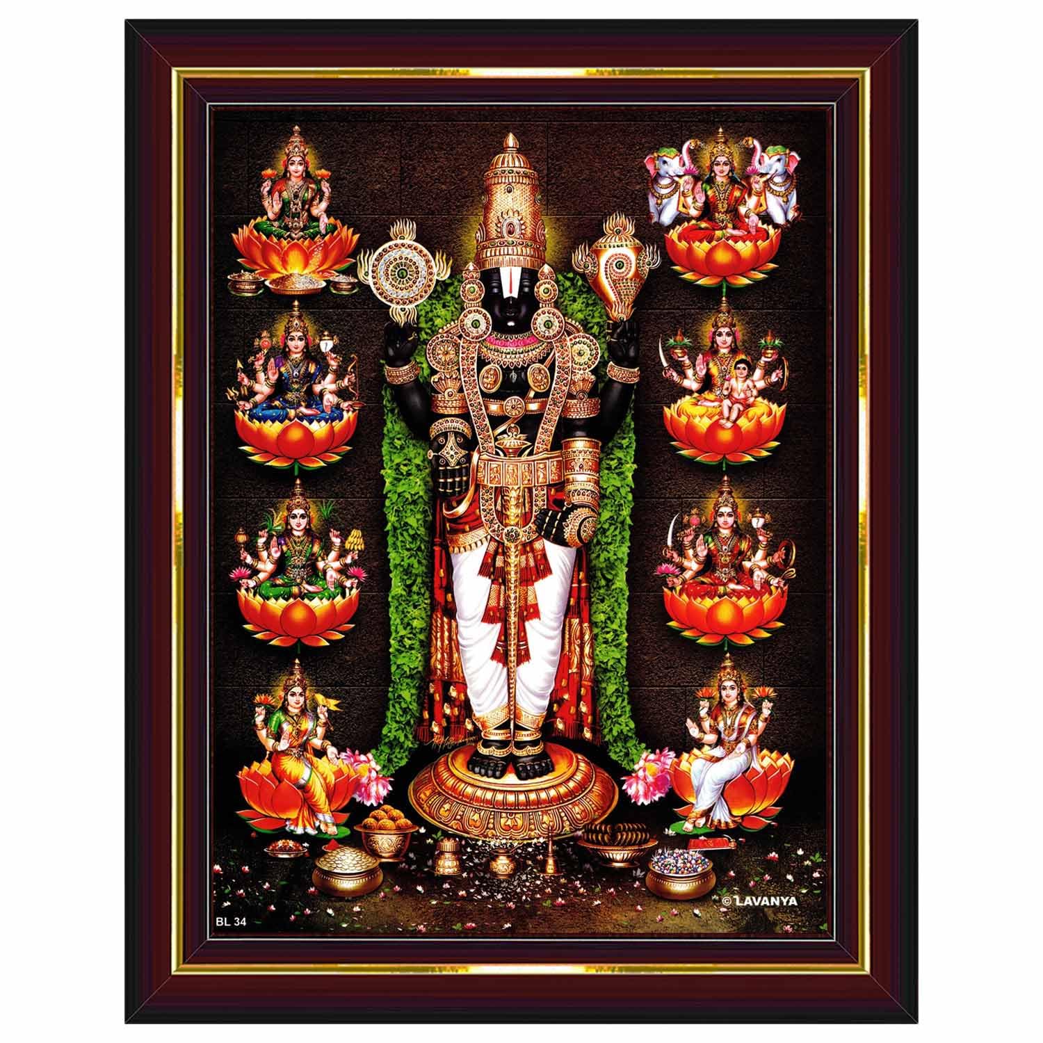Pavan Photo Laminations Tirupati Balaji Lakshmi Venkateshwara Swamy Wall Painting Framed Home Decor (Wood,Matte,Brown,Small Size