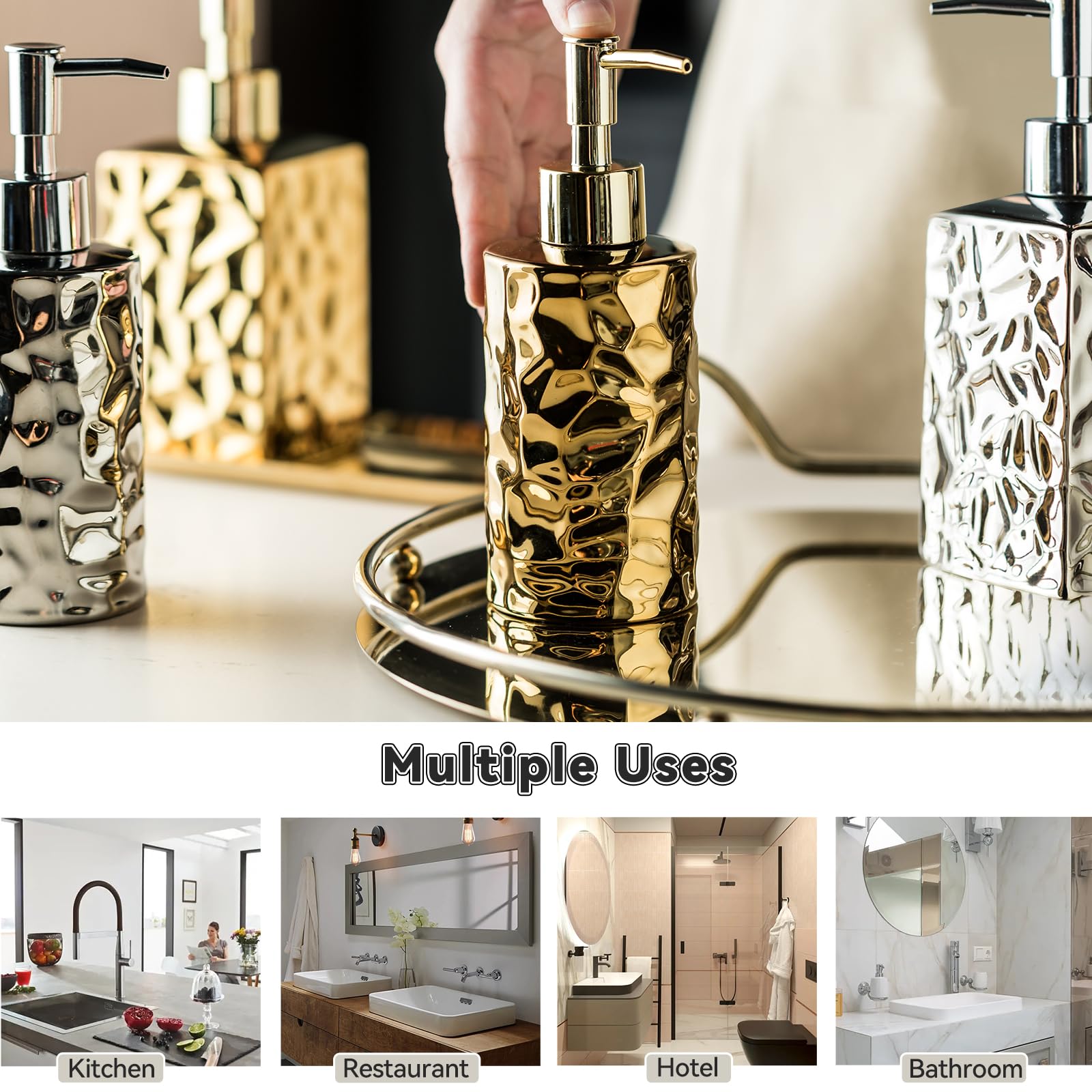 Gets Gold/Silver Ceramic Soap Dispenser,Refillable Modern Ceramic Dispenser Liquid Hand Soap Dispenser For Kitchen, Bathroom (Go