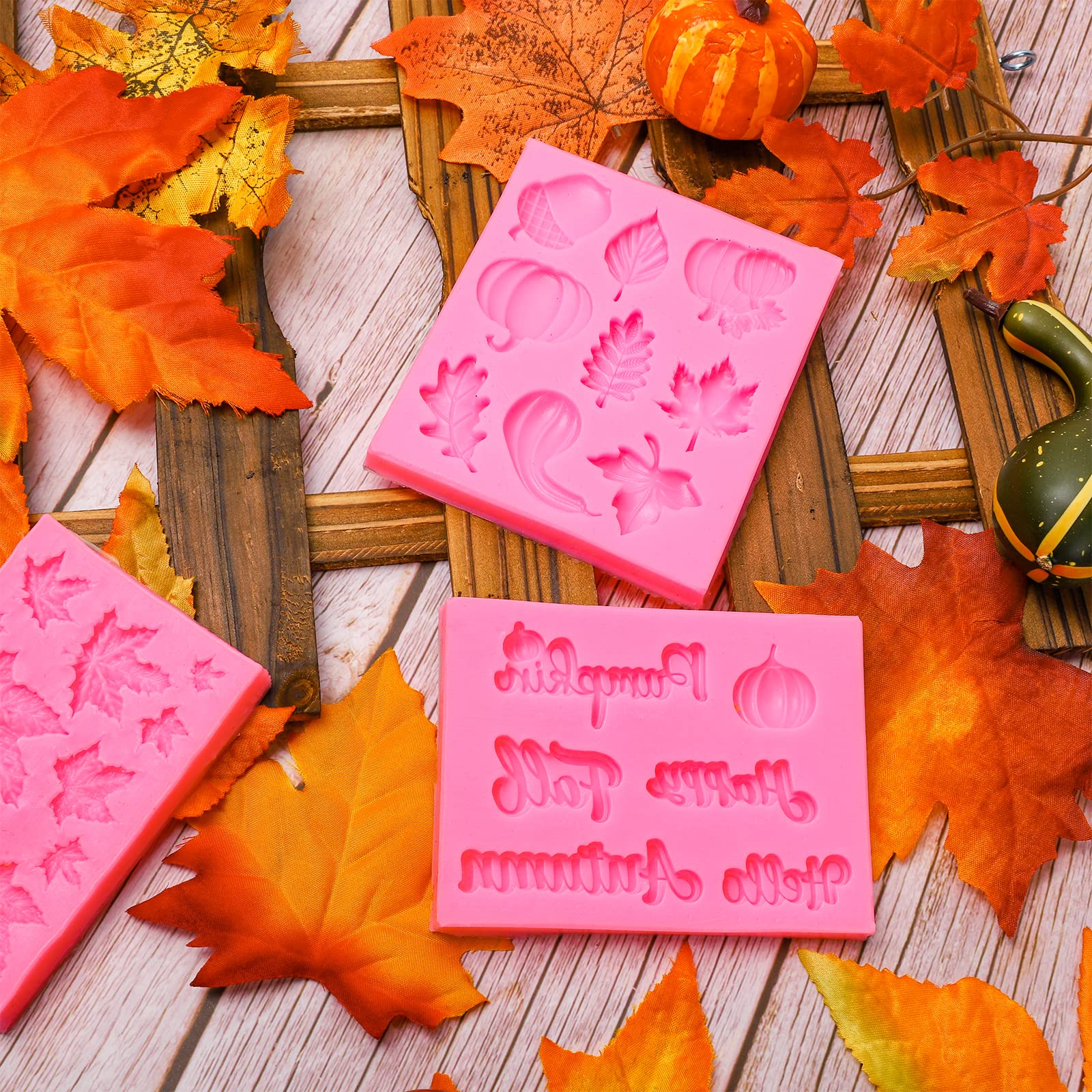 Whaline 3 Pack Fall Fondant Molds Autumn Pumpkin Maple Leaves Silicone Molds Hello Fall Candy Resin Chocolate Baking Mold For Au